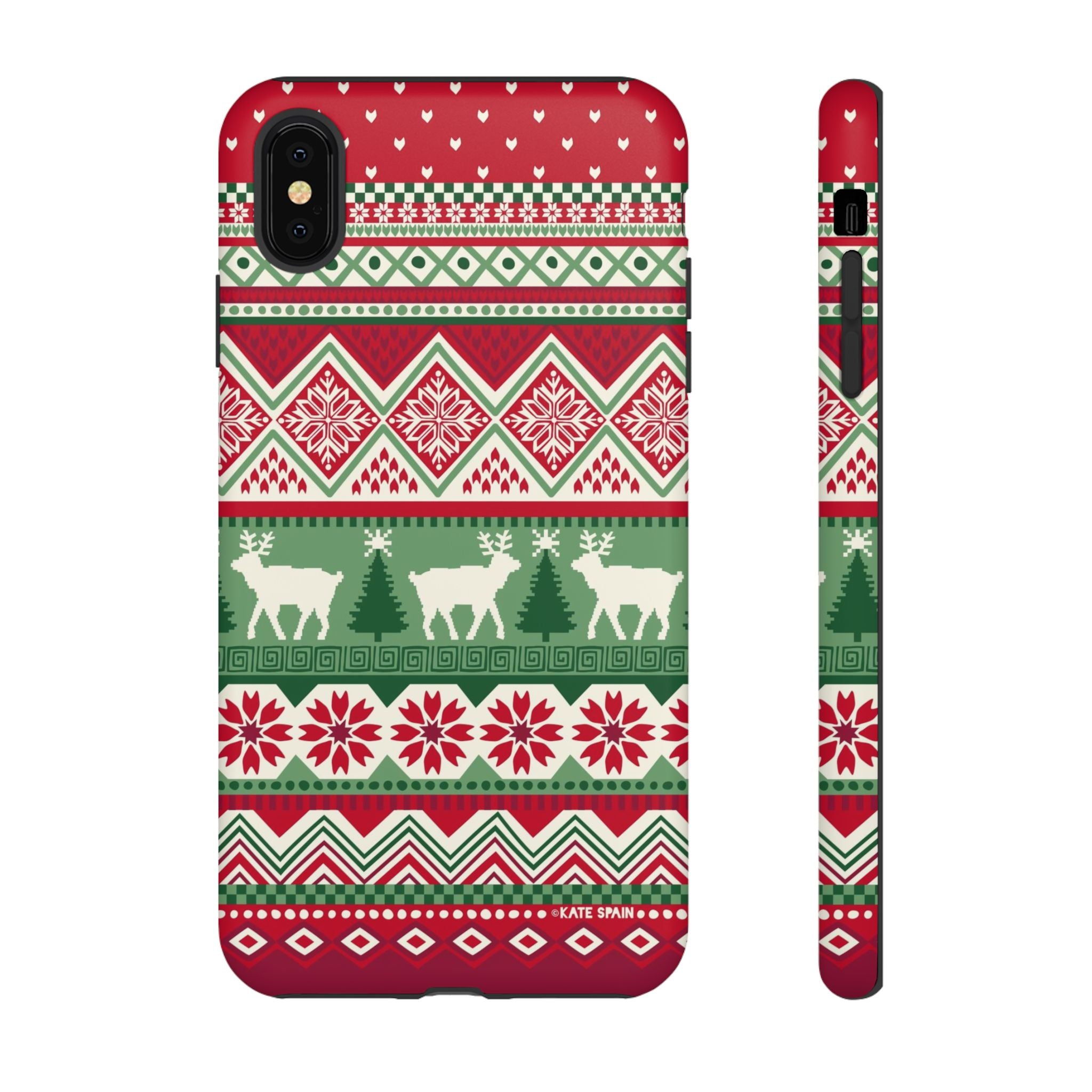 Telemark Tough iPhone XS Max Case – Matte | red, green, cream fair isle reindeer Nordic print