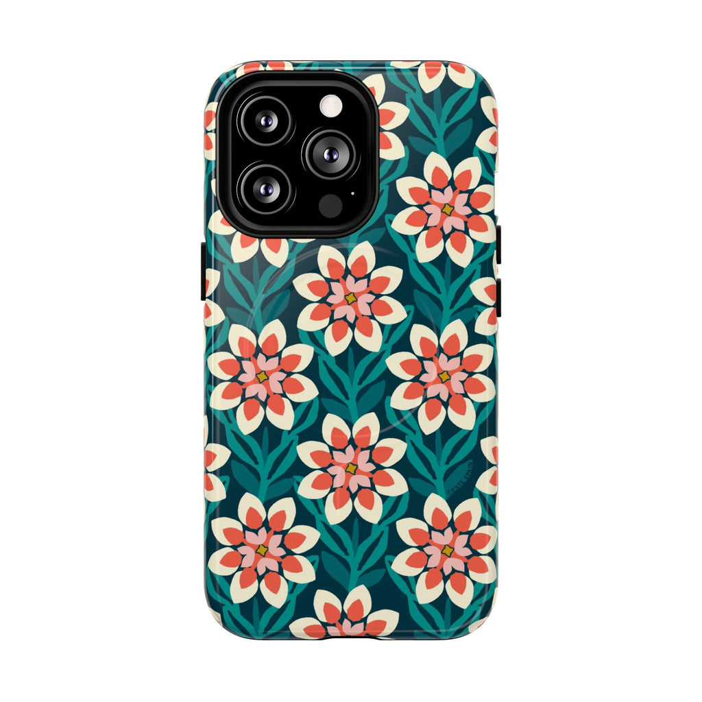 Modern Dahlia MagSafe iPhone 13 Pro – Glossy | teal, coral, cream botanical dahlia floral print