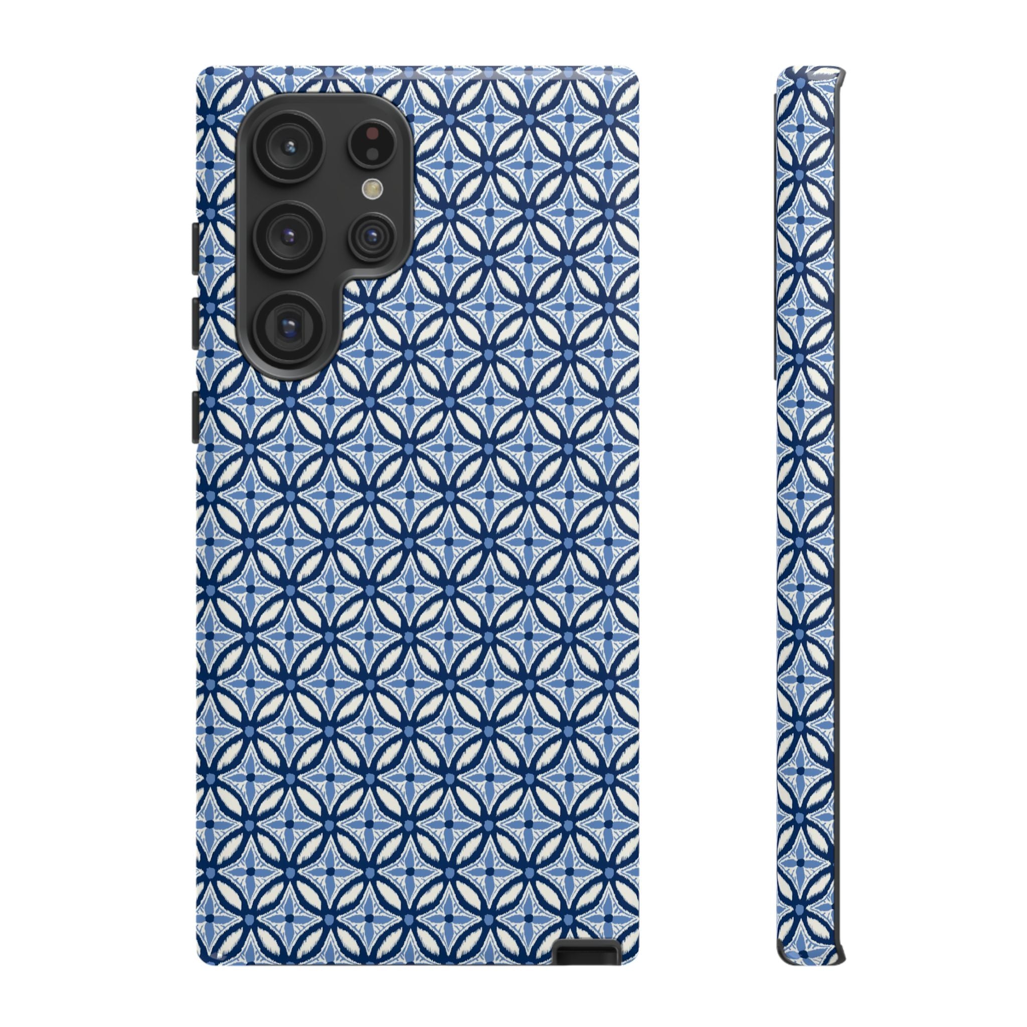 Light blue Samsung Galaxy case with navy and periwinkle ikat geometric pattern — botanical phone case by Kate Spain for Floriori