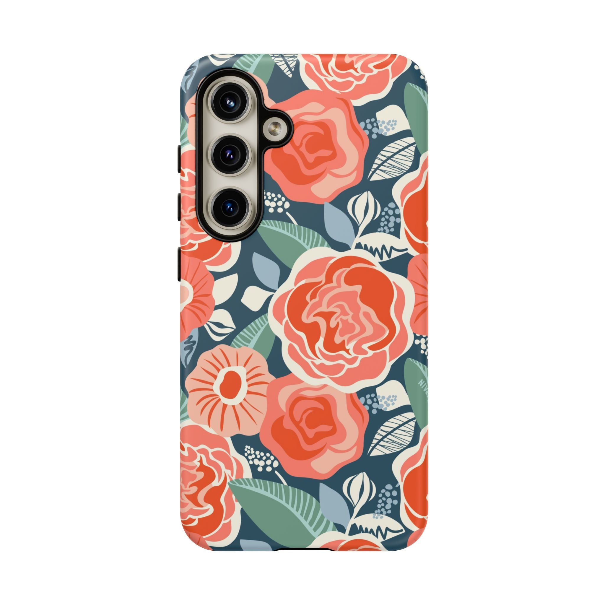 Luxury Tea Rose Navy Samsung Galaxy S24 Case – Matte | navy, coral, peach botanical rose floral print