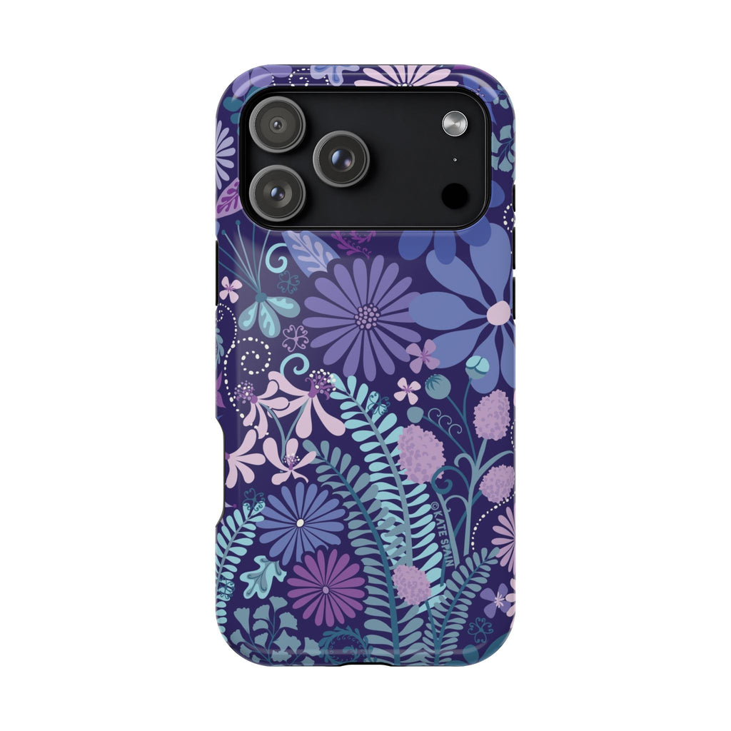 Luxury Terrain MagSafe iPhone 17 Pro Max Case – Glossy | navy, purple, aqua botanical woodland floral print