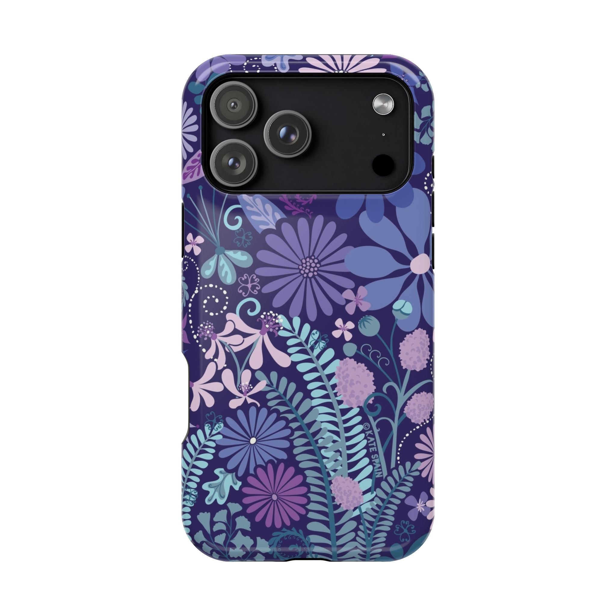 Luxury Terrain MagSafe iPhone 17 Pro Max Case – Glossy | navy, purple, aqua botanical woodland floral print
