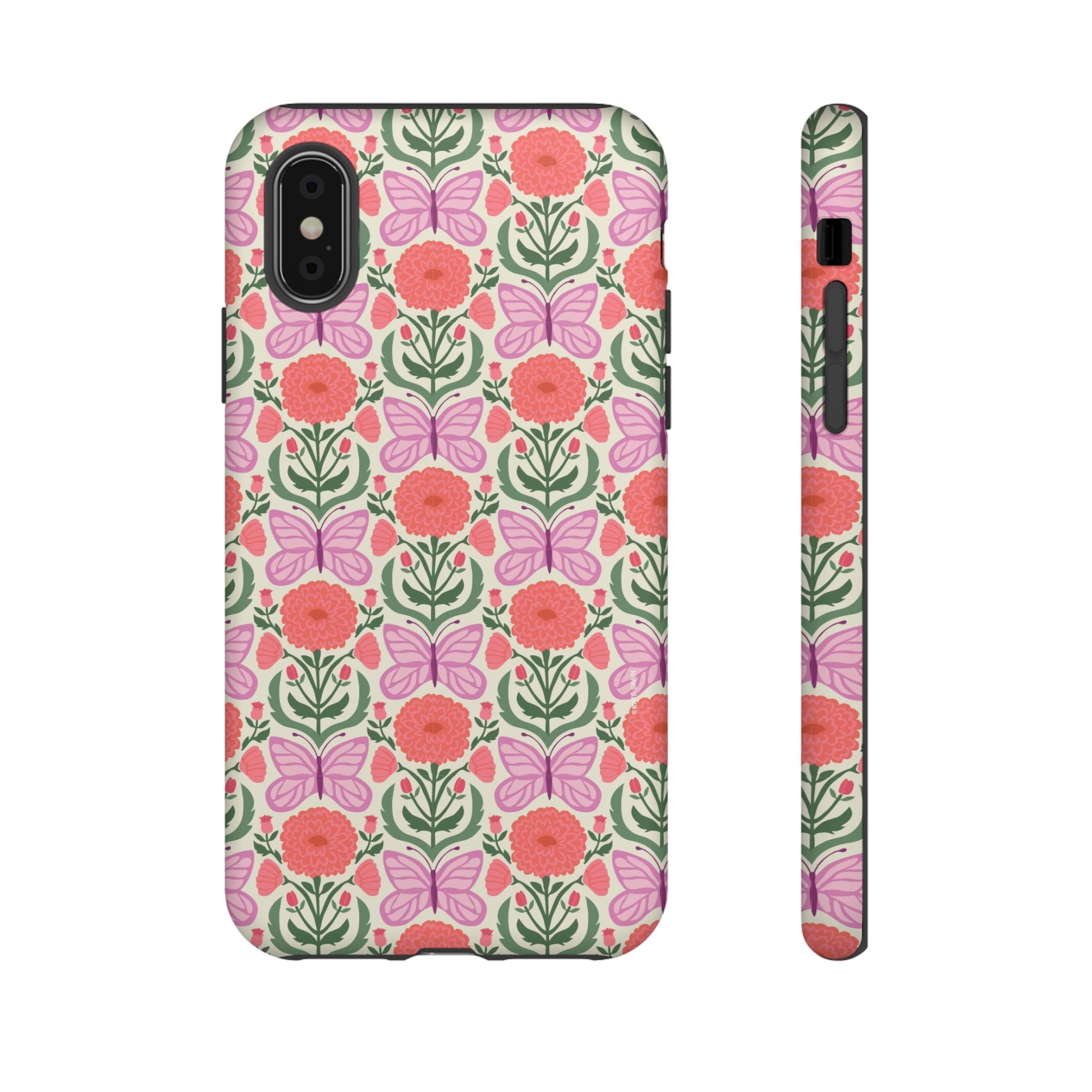 Pink Butterfly Tough iPhone X Case – Matte | pink, coral, green, cream butterfly floral print