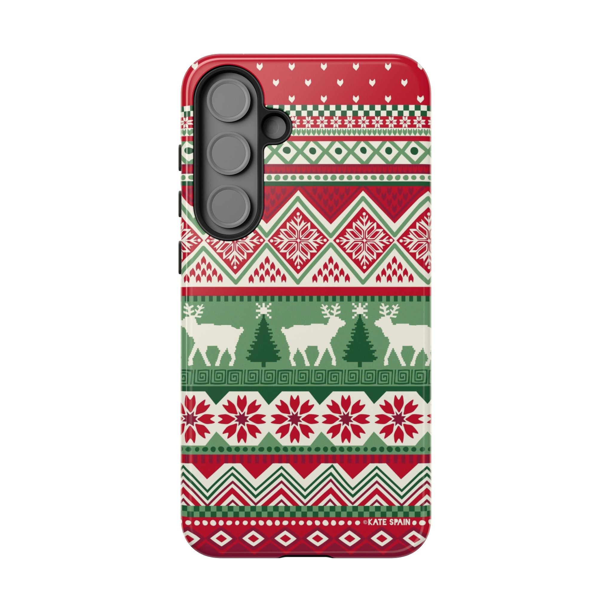 Luxury Telemark Samsung Galaxy S25 Plus Case – Glossy | red, green, cream Nordic fair isle reindeer print