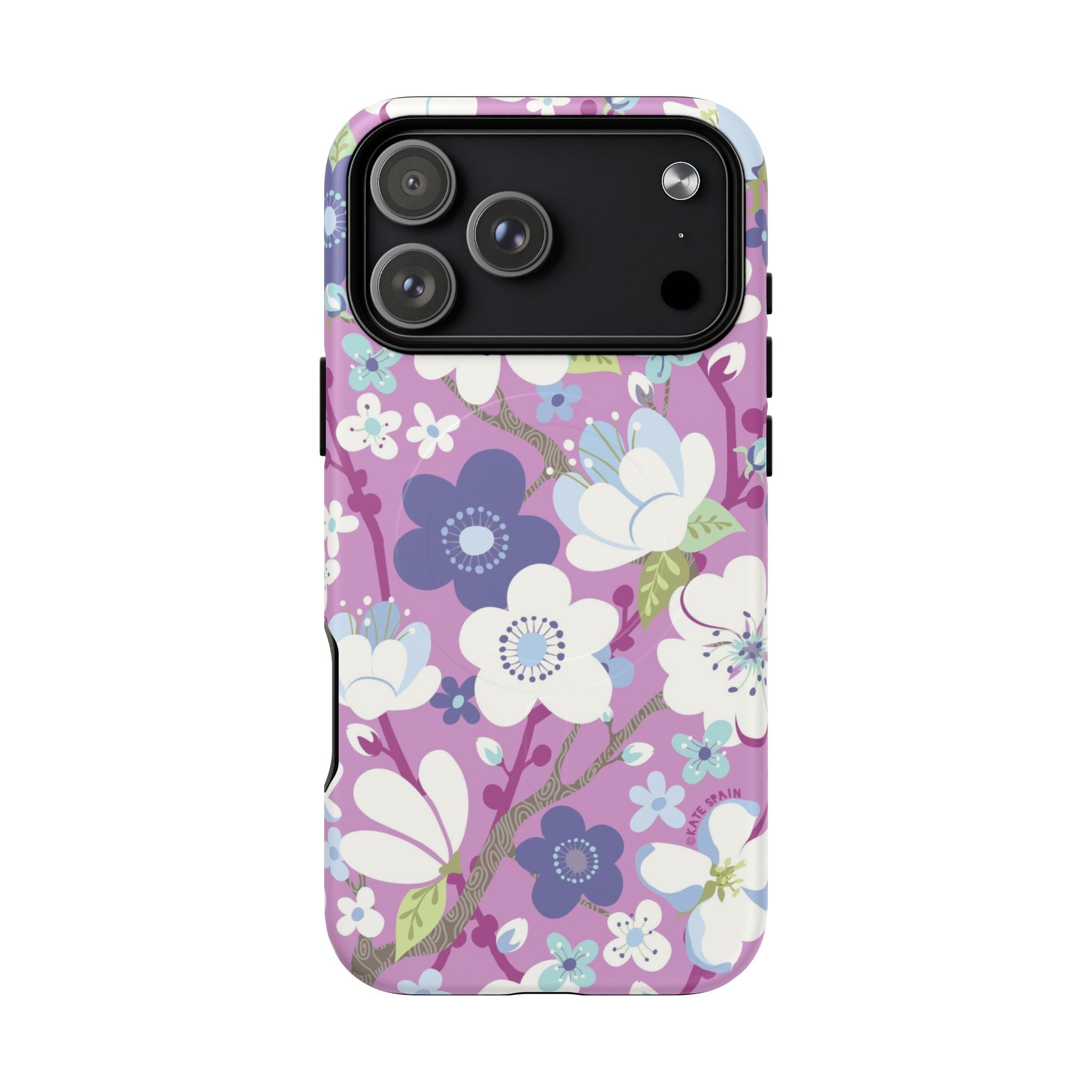 Purple Cherry Blossom MagSafe iPhone 17 Pro Max Case – Matte | mauve, purple, blue, white cherry blossom print