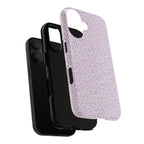 Canto Swirls Lavender MagSafe iPhone 17 Glossy Case — angled view showing slim profile; lavender folk-art medallion pattern of radiating circular motifs, dot clusters, and geometric centers
