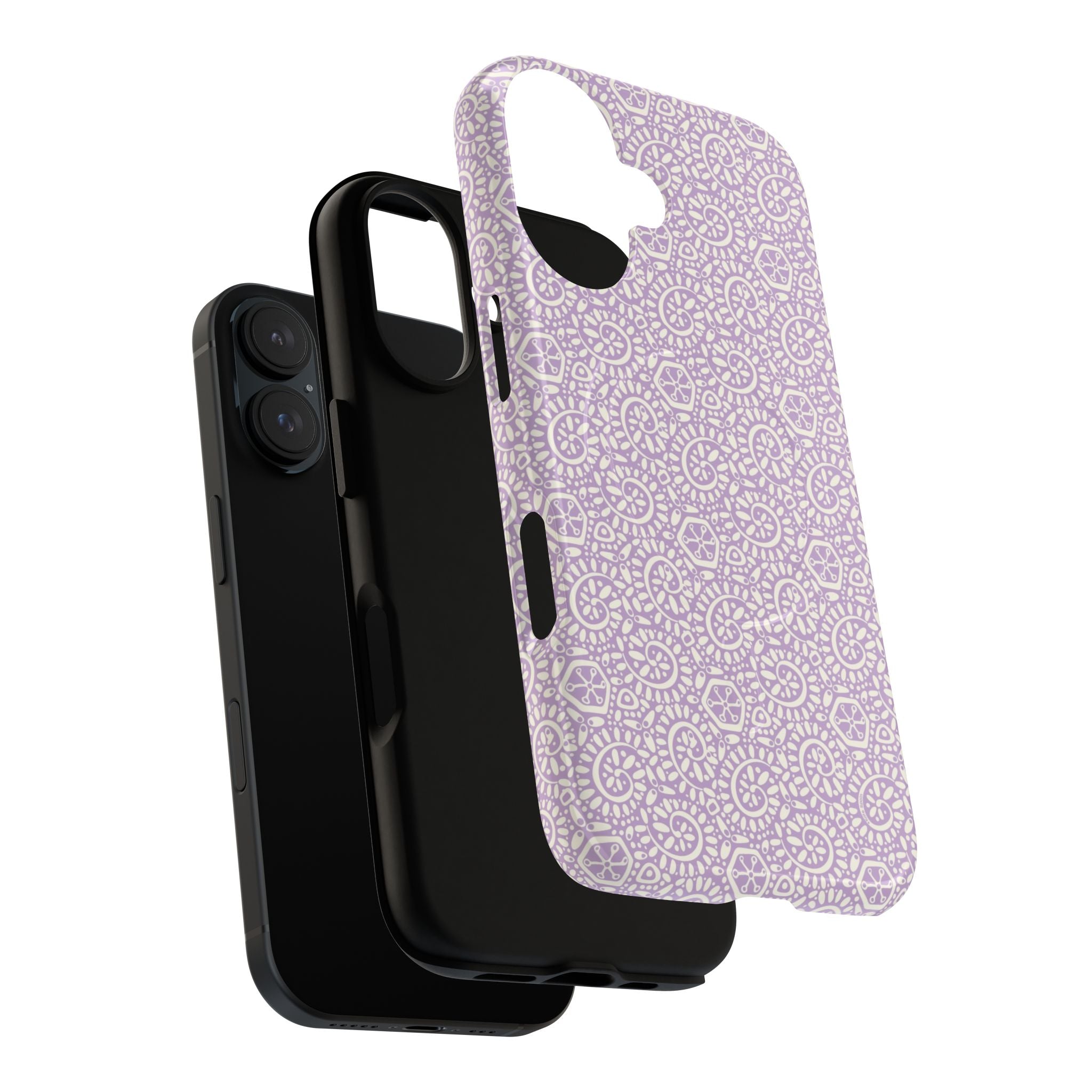 Canto Swirls Lavender MagSafe iPhone 17 Glossy Case — angled view showing slim profile; lavender folk-art medallion pattern of radiating circular motifs, dot clusters, and geometric centers
