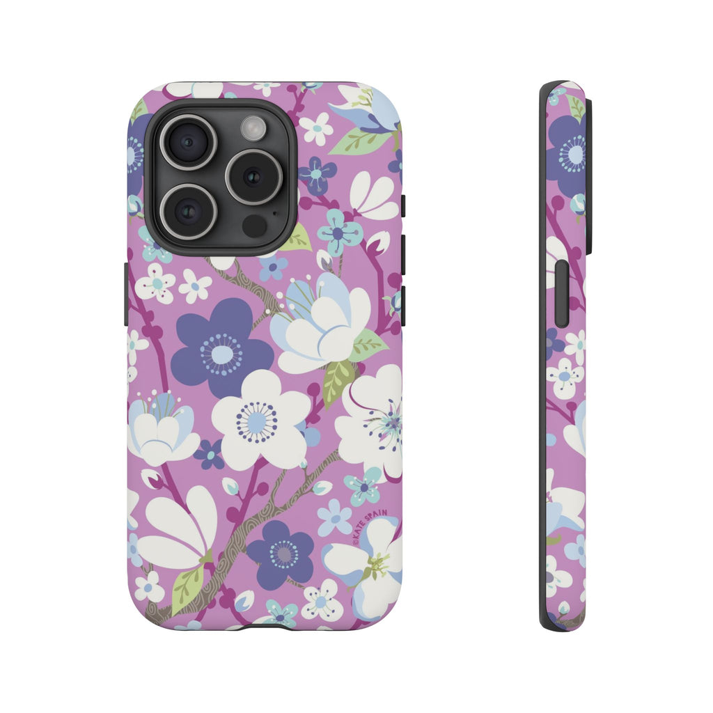 Purple Cherry Blossom Tough iPhone 15 Pro Case – Matte | mauve, purple, blue, white cherry blossom print