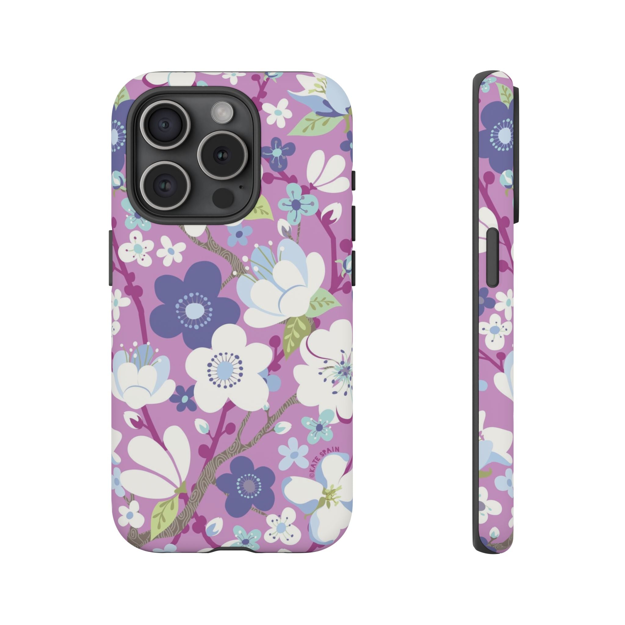 Luxury Cherry Blossom Tough iPhone 15 Pro Case – Matte | mauve, purple, blue, white cherry blossom print