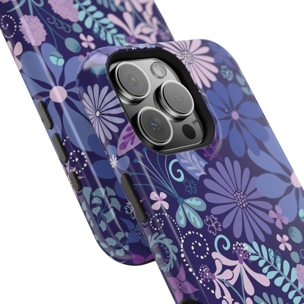 Luxury Terrain MagSafe iPhone 16 Pro Max Case – angled view of side buttons and camera cut out in case in navy, purple, aqua botanical woodland floral print