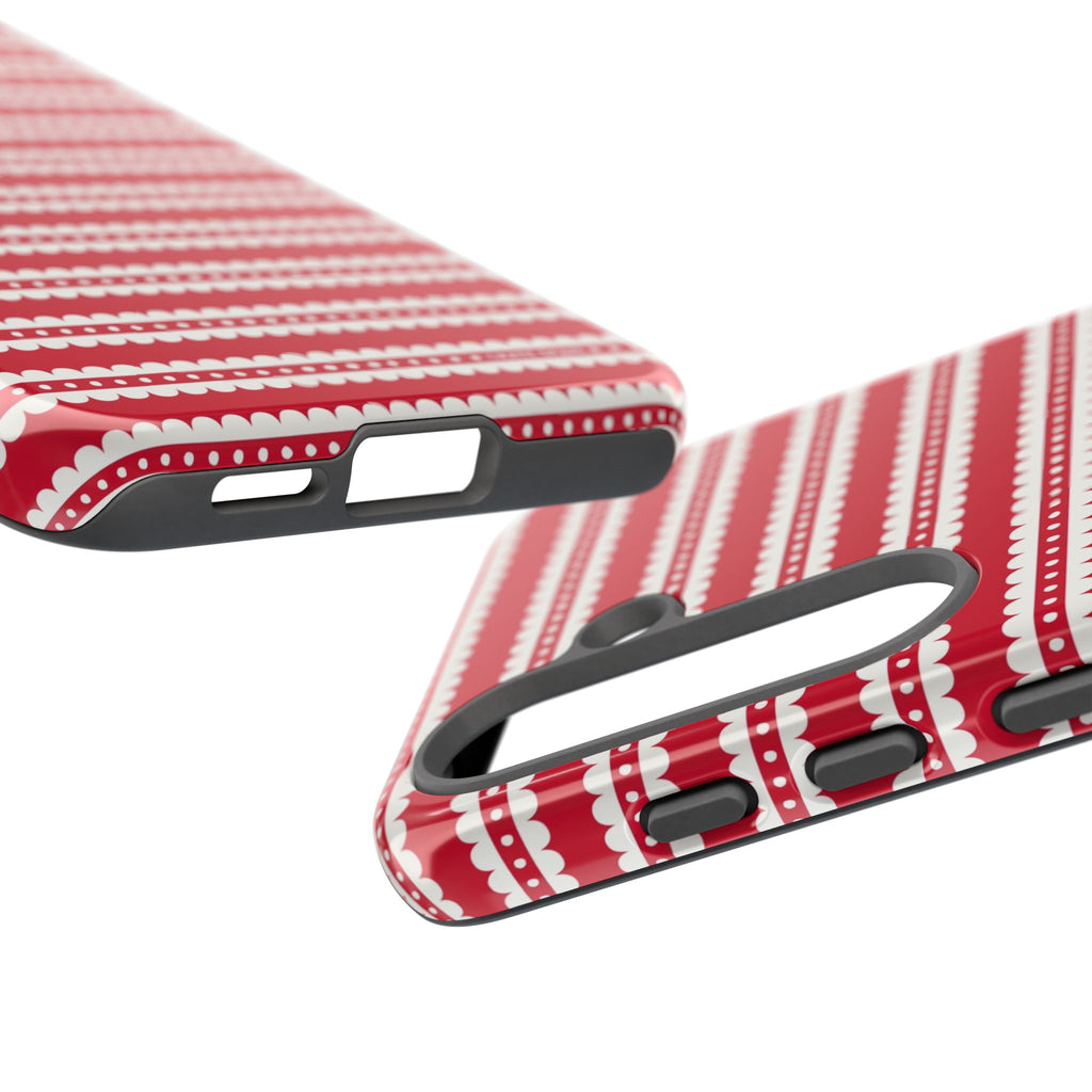 Candy Cane Stripe Samsung Galaxy S25 Case – side view of buttons and ports | red, cream scalloped candy cane stripe print