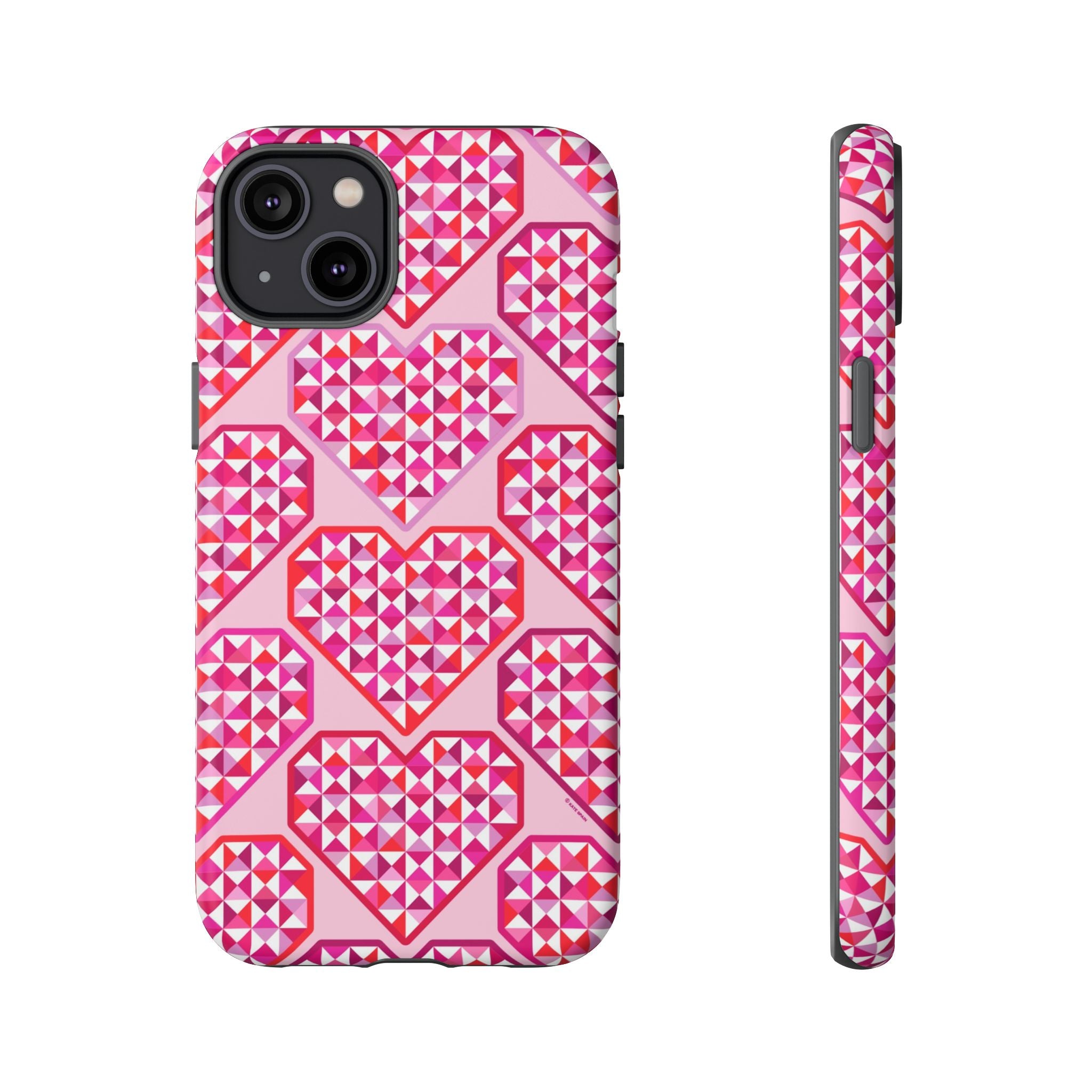 Pink Pyramid Heart Tough iPhone 14 Plus Case – Matte | blush, pink, magenta, red geometric pyramid heart print