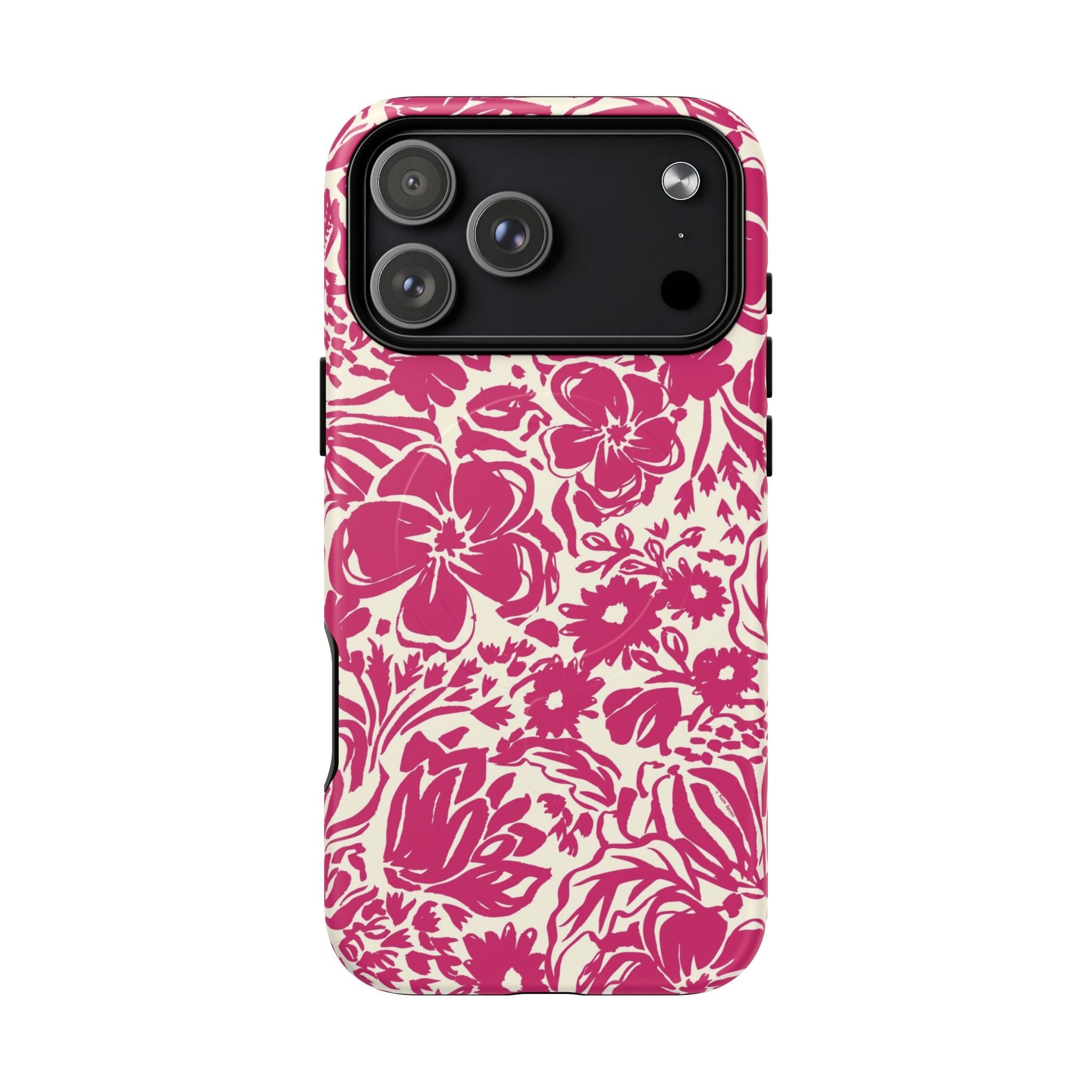 Rhapsody Bright Pink MagSafe iPhone 17 Pro Max Matte case — bold magenta floral print on cream by Kate Spain