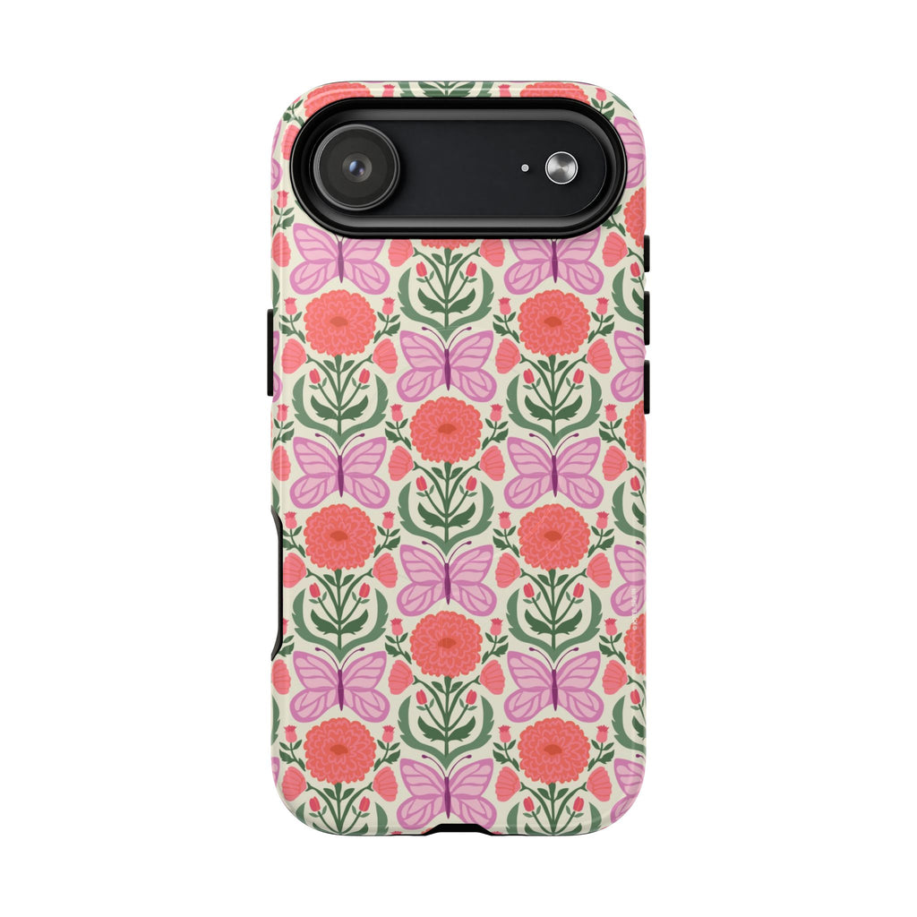 Pink Butterfly MagSafe iPhone 17 Air Case – Glossy | pink, coral, green, cream butterfly floral print