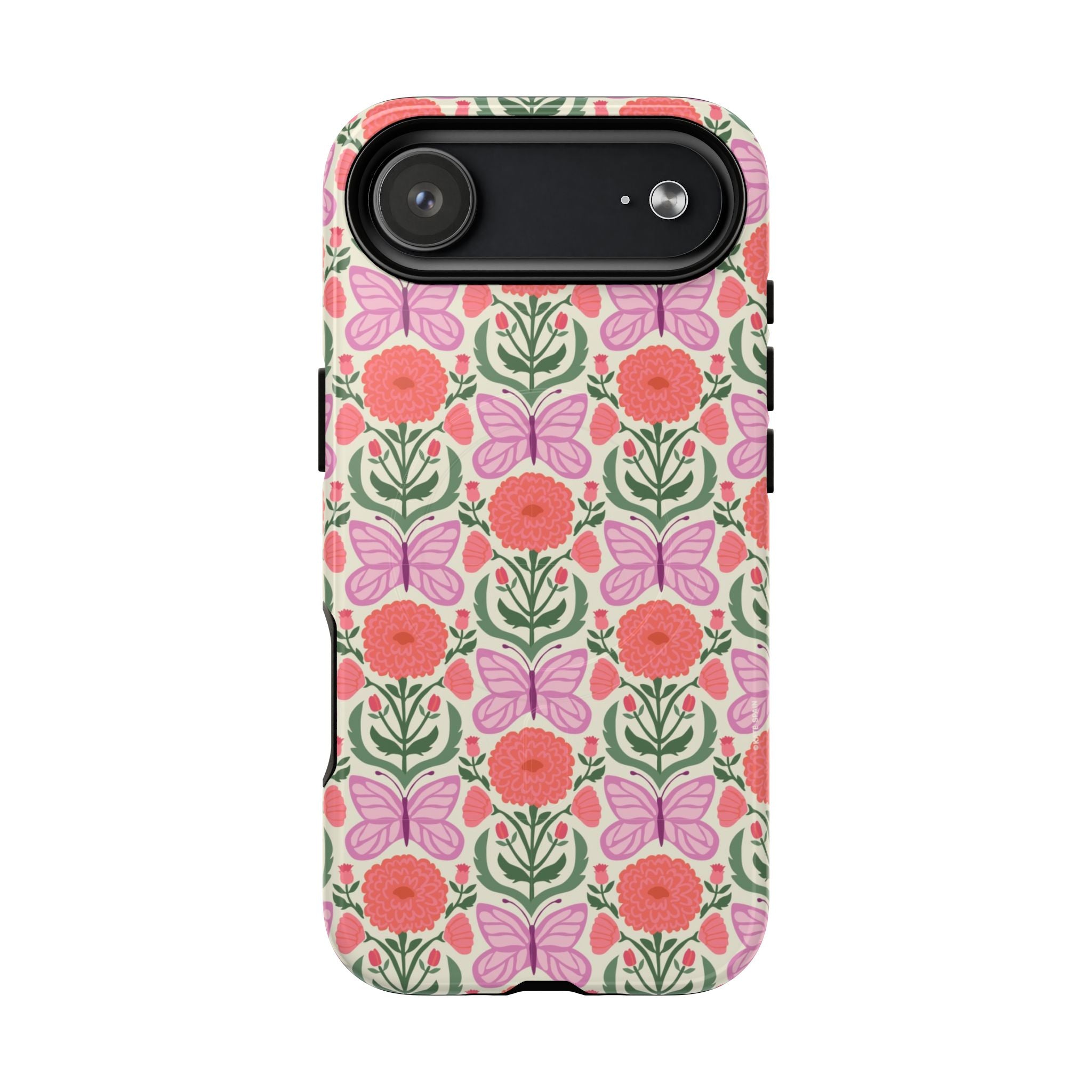 Pink Butterfly MagSafe iPhone 17 Air Case – Glossy | pink, coral, green, cream butterfly floral print