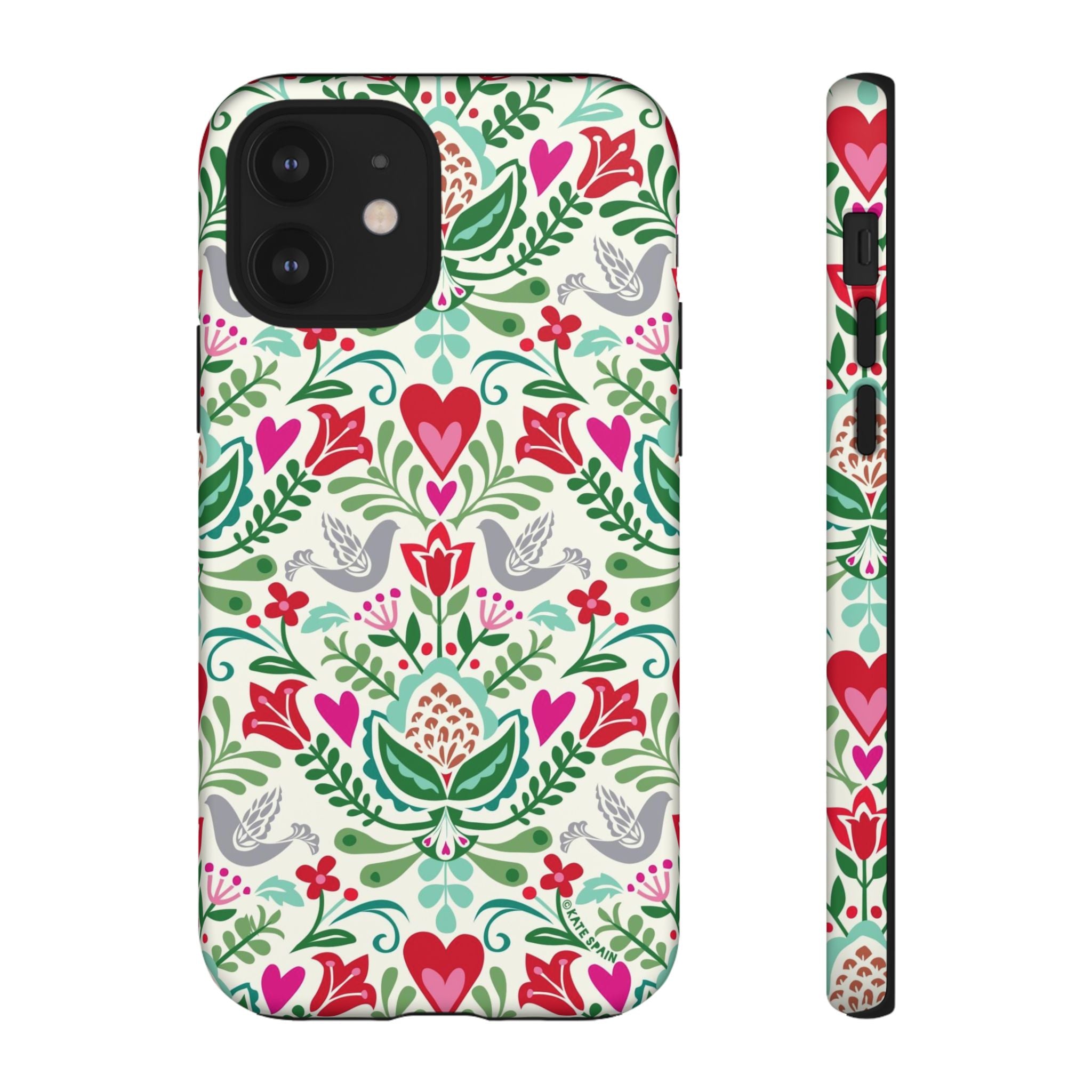 Rosemaling Tough iPhone 12 Case – Matte | cream, red, pink, green, gray folk art floral bird print