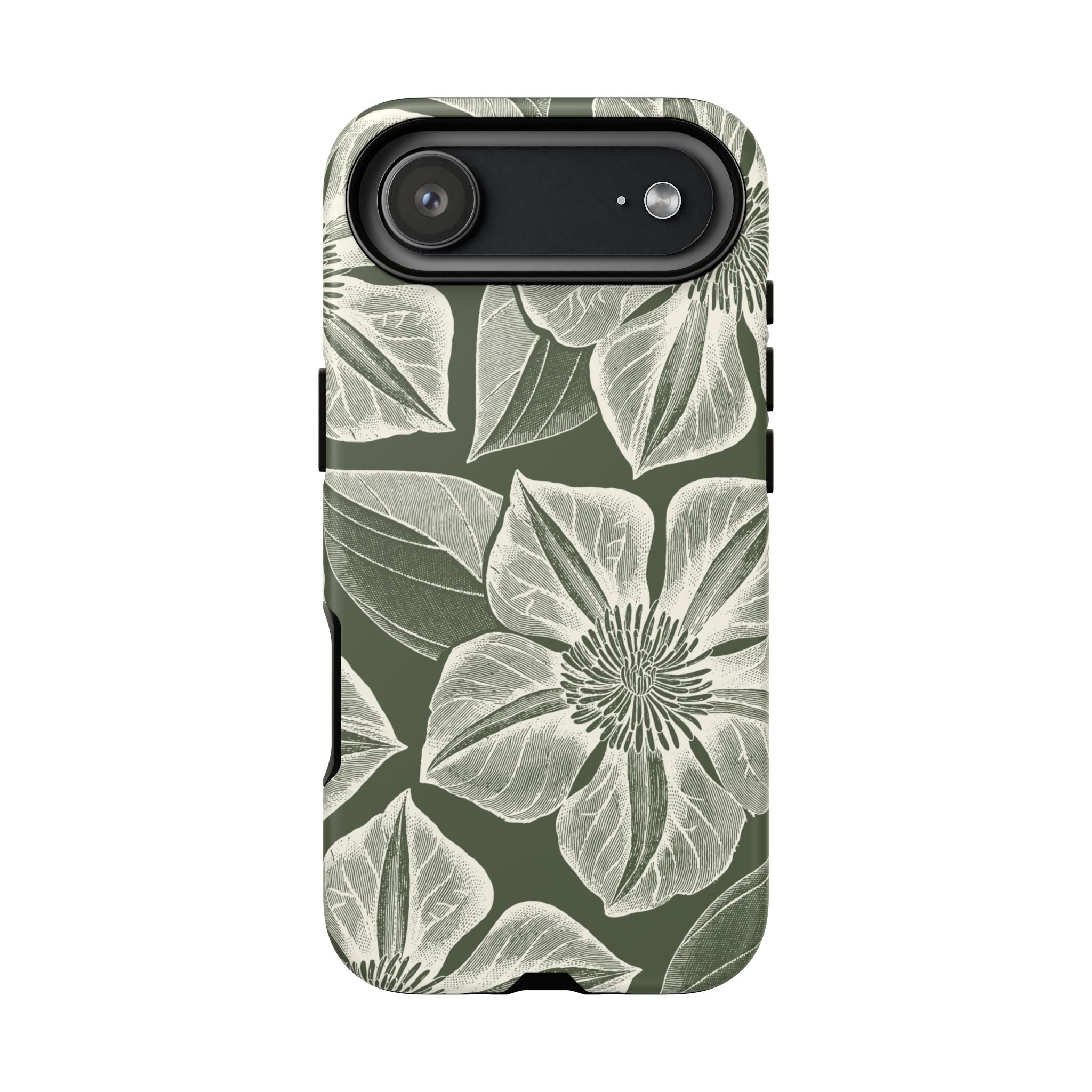 Vintage Bloom Cypress iPhone 17 Air case – Matte | cypress green ground, large-scale white clematis print, engraved petal detail, dual-layer protection