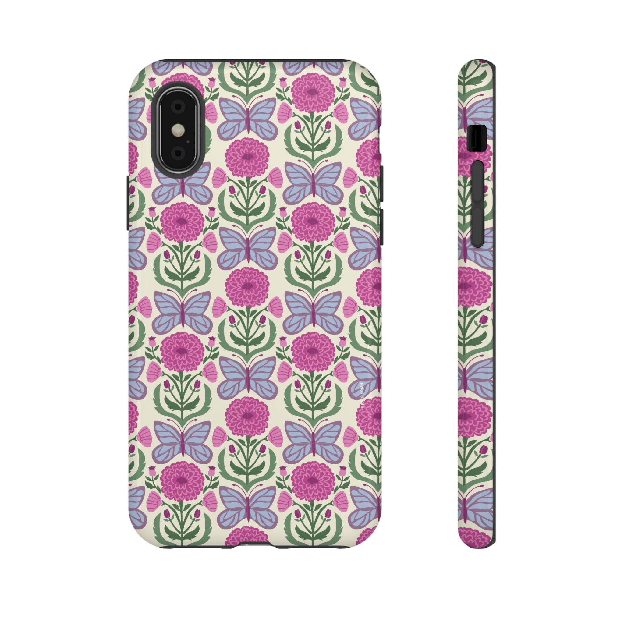 Butterfly Tough iPhone XS Case – Glossy | cream, magenta, periwinkle butterfly floral print