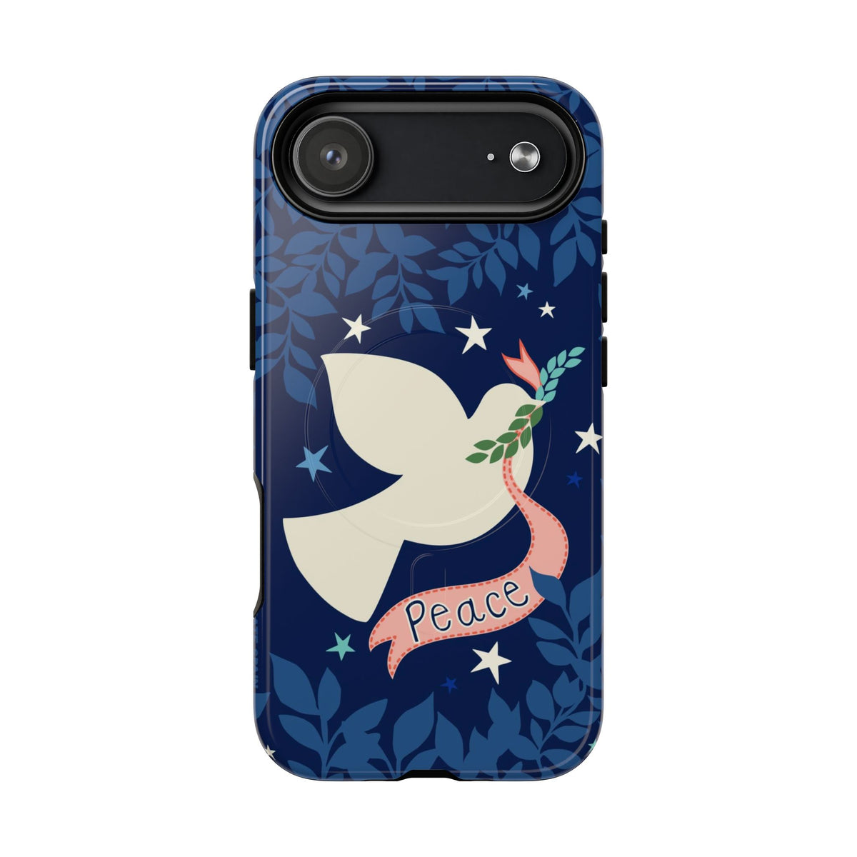 Peace MagSafe iPhone 17 Air Case – Glossy | navy, cream peace dove, stars, botanical print