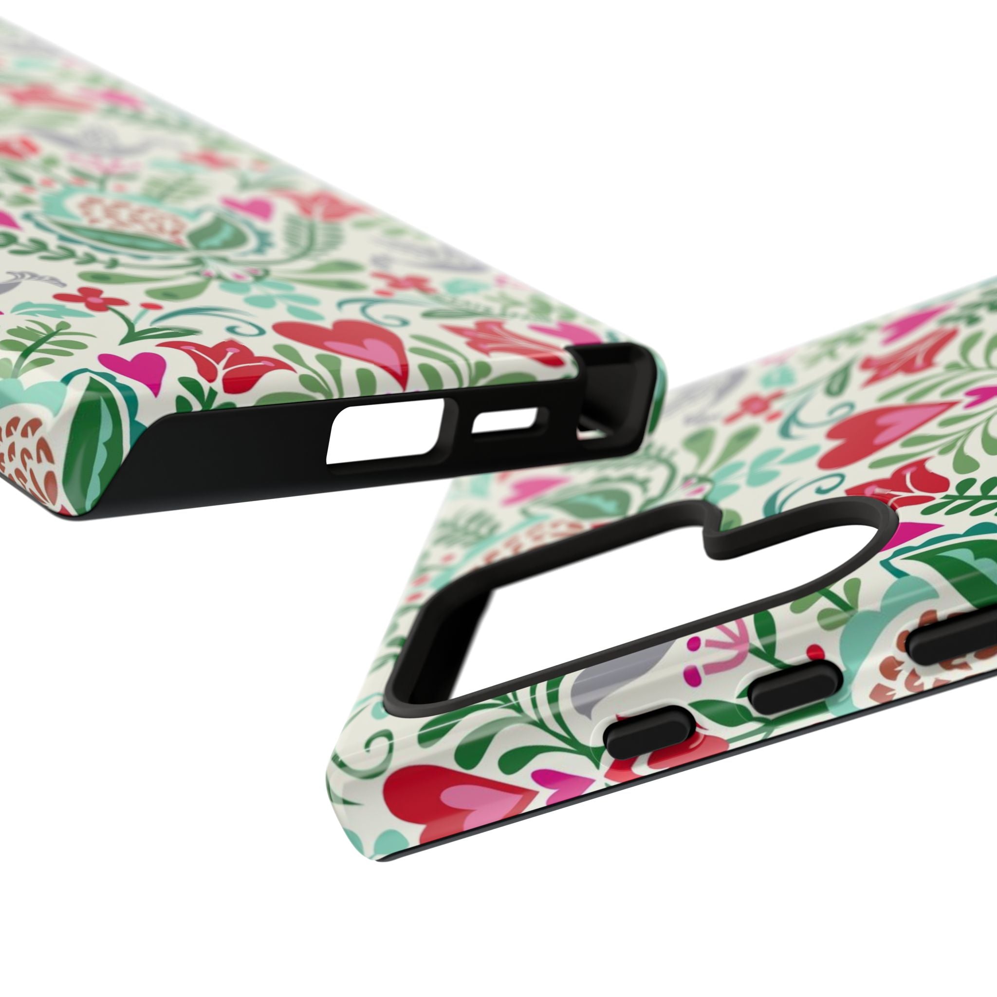 Rosemaling Samsung Galaxy S24 Ultra Case – side view of case buttons and ports | white, red, green rosemaling floral print
