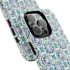 Horizon Blue Tile Tough iPhone 16 Pro Max Case – Glossy, angled close-up of camera and buttons | blue, turquoise, cream white dual-layer protection