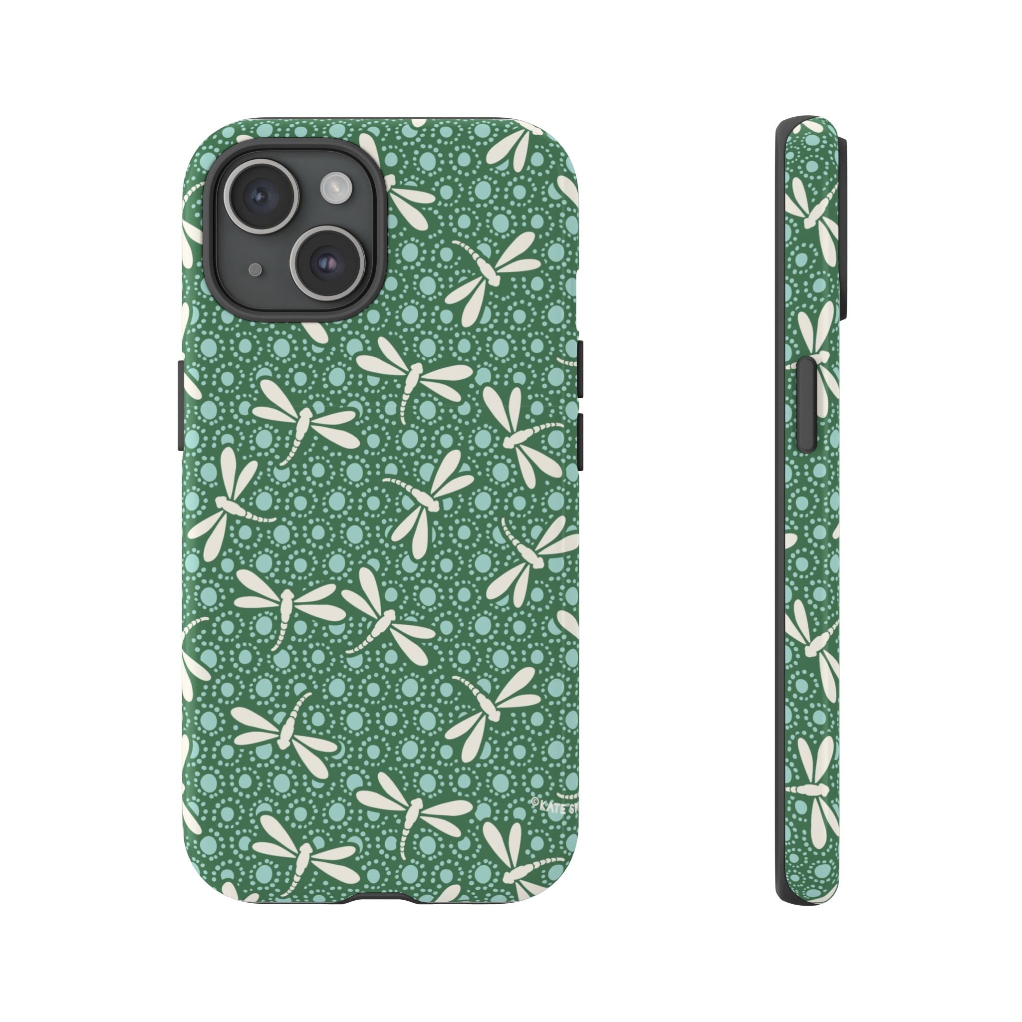 Designer Dragonfly Tough iPhone 15 Case – Glossy | jade green, aqua, cream dragonfly print