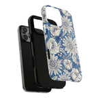 Jardin Blue MagSafe iPhone 16 Pro Max Case – Dual-layered view of case and inner lining in front of phone, with view of camera cutout and buttons | blue and cream botanical garden print
