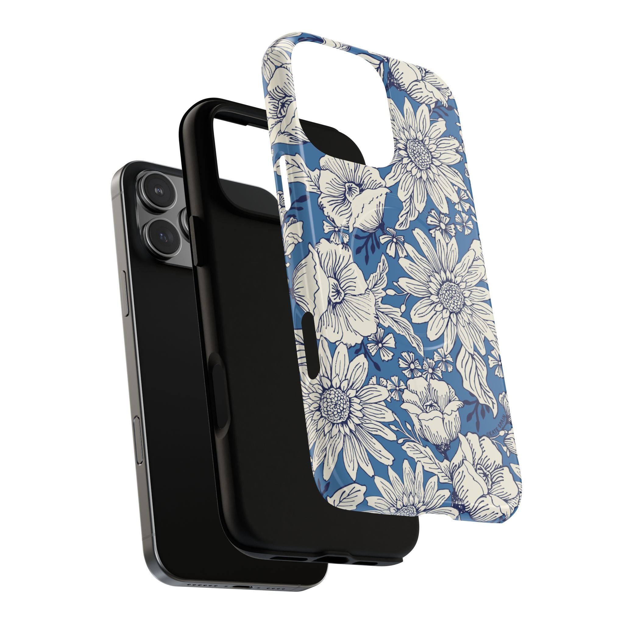 Jardin Blue MagSafe iPhone 16 Pro Max Case – Dual-layered view of case and inner lining in front of phone, with view of camera cutout and buttons | blue and cream botanical garden print