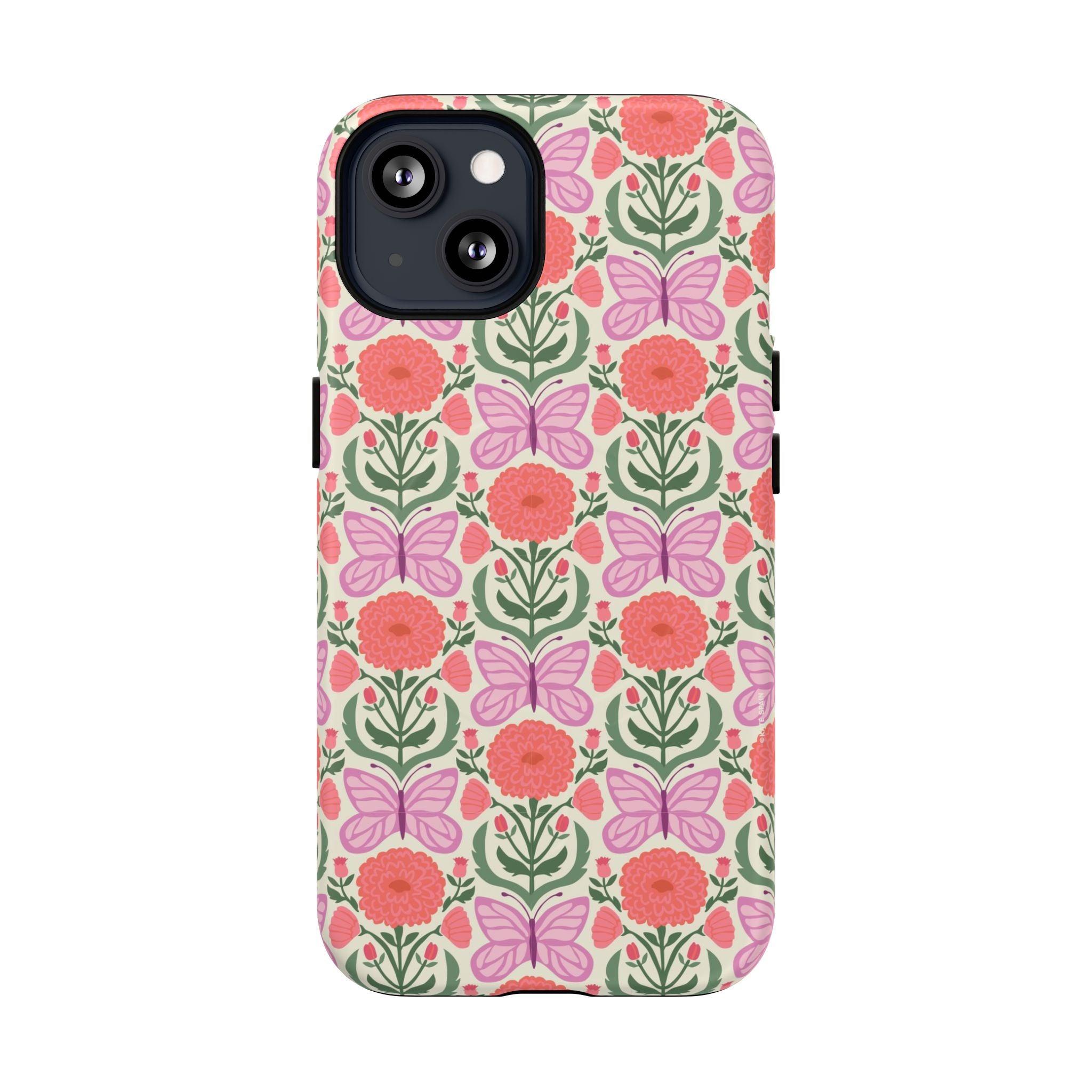 Pink Butterfly MagSafe iPhone 13 Case – Matte | pink, coral, green, cream butterfly floral print