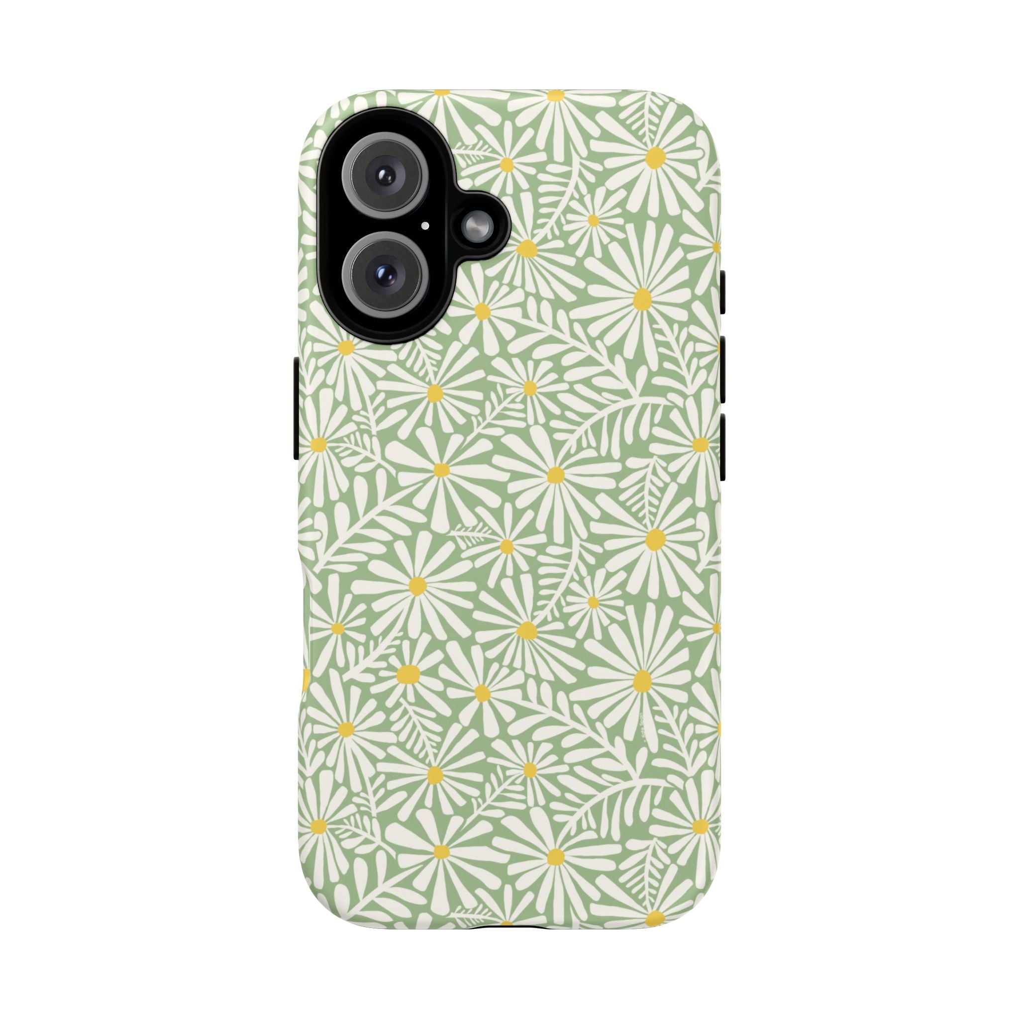 Montauk Daisy Meadow Green iPhone 16 Case – Matte | sage green, white graphic daisy and fern print, golden yellow centers | dual-layer protection
