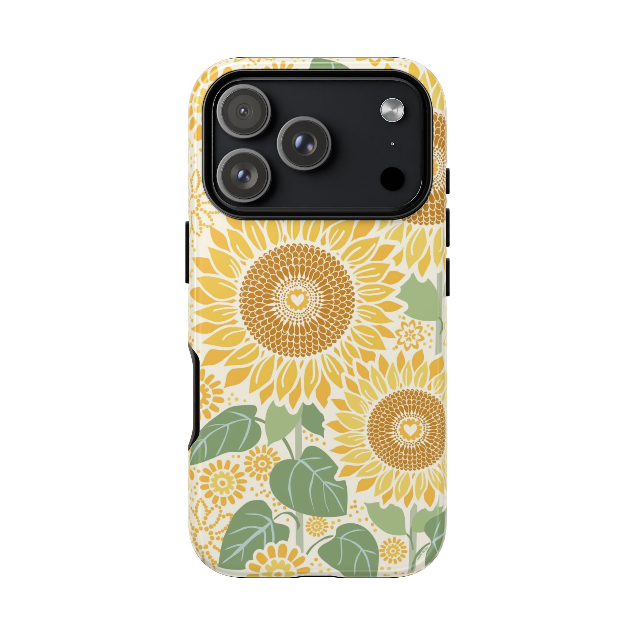 Sunny Sunflower iPhone 17 Pro case – Glossy | cream ground, large-scale yellow sunflower print, golden seed detail with heart centers, dual-layer protection
