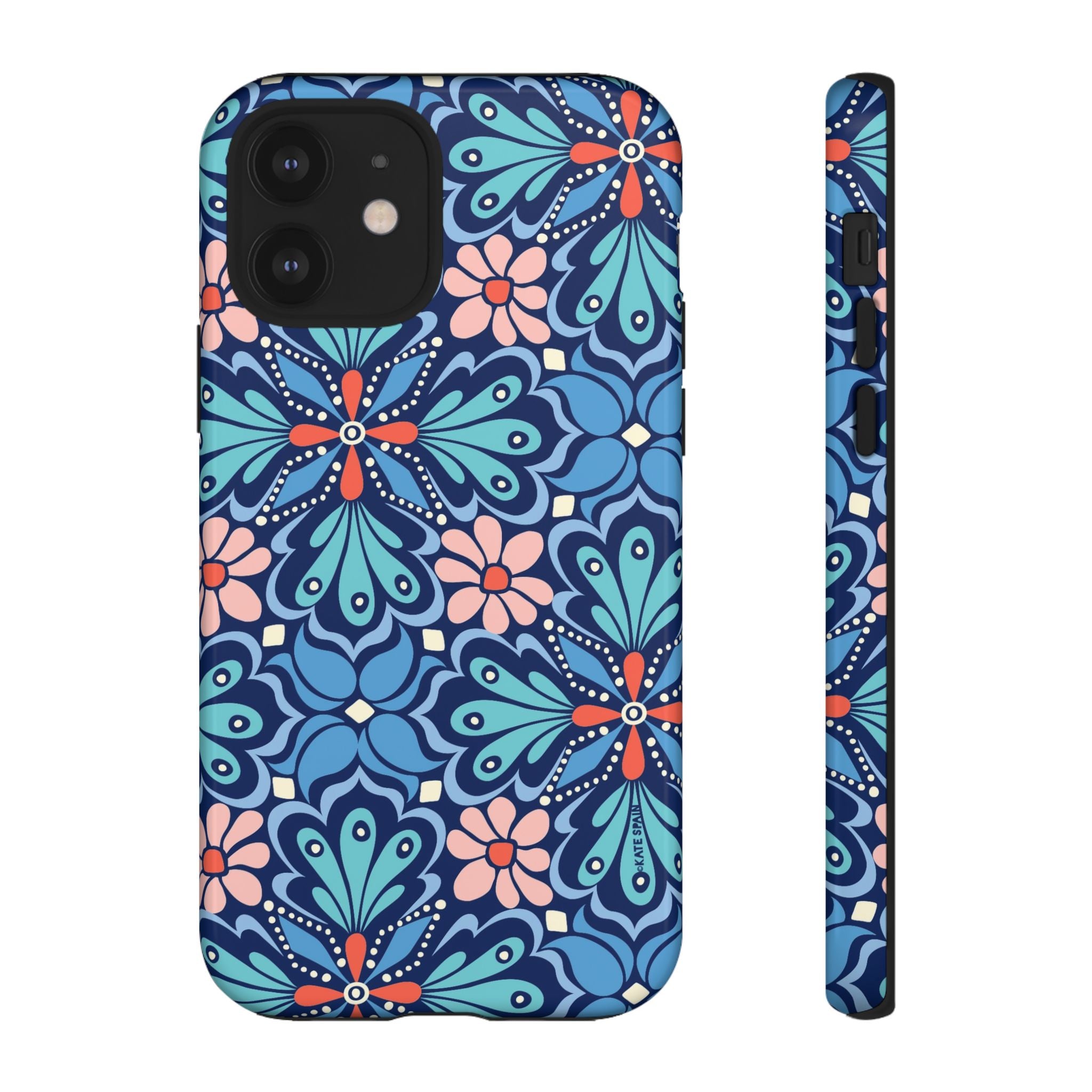 Bolero Tough iPhone 12 Case – Glossy | navy, cobalt, blush geometric medallion floral print