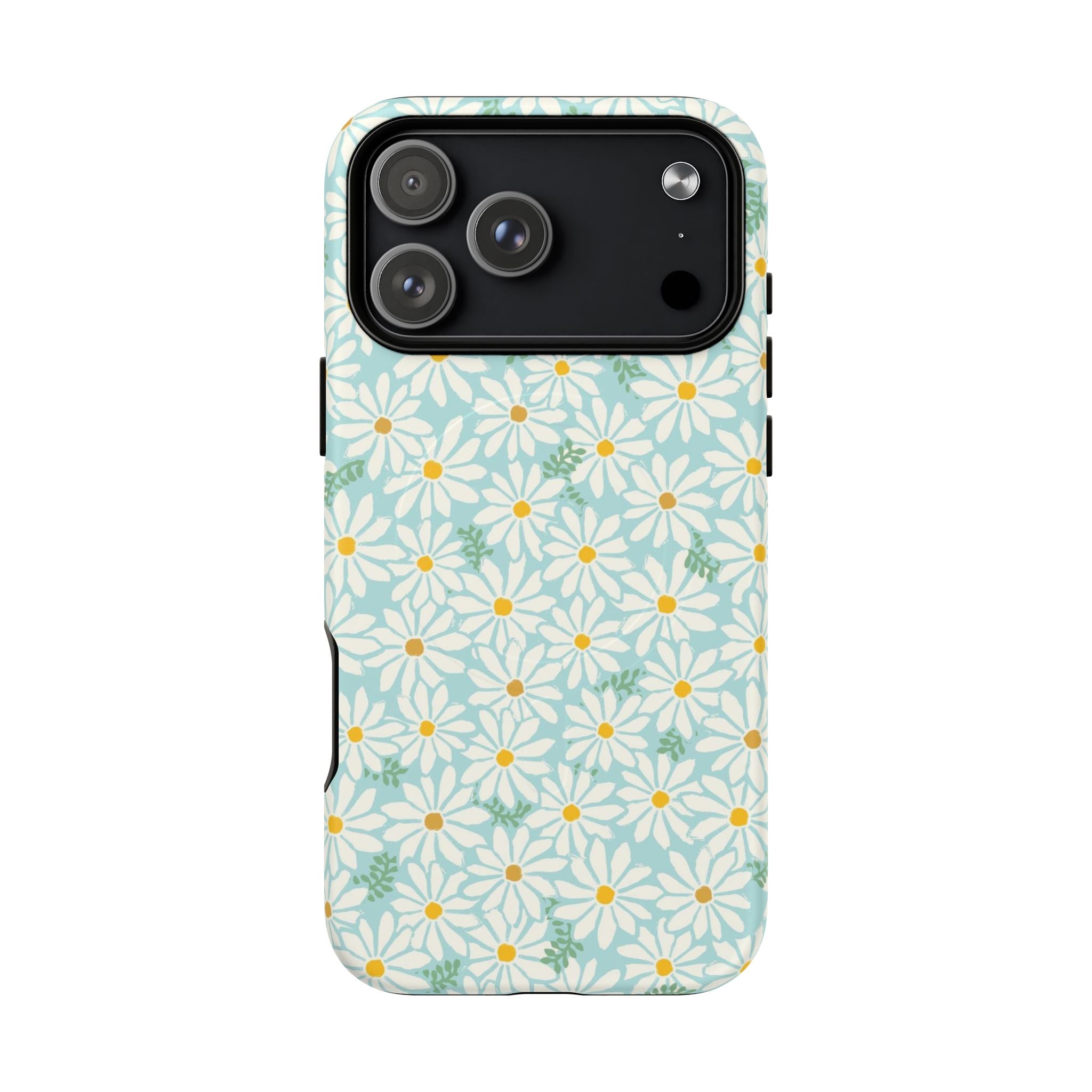 Daisies MagSafe iPhone 17 Pro Max Case – Matte | sky blue, white daisy print, golden yellow centers, mint green leaves MagSafe compatible, dual-layer protection