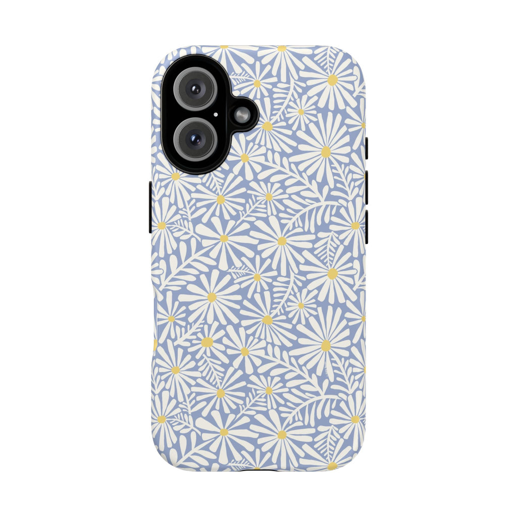 Montauk Daisy Cottage Blue iPhone 16 Case – Matte | periwinkle blue, white graphic daisy and fern print, golden yellow centers | dual-layer protection