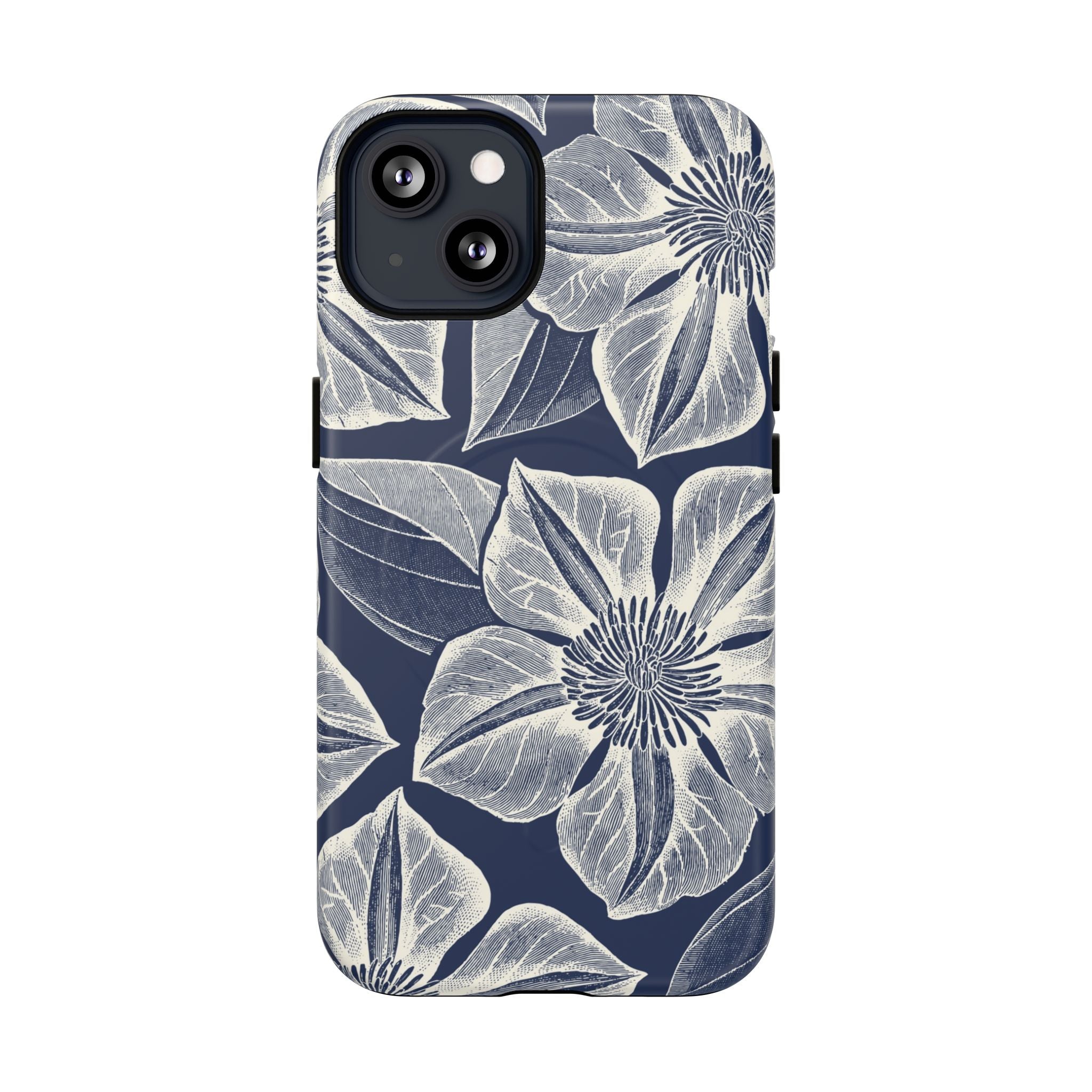 Vintage Bloom Navy MagSafe iPhone 13 Case – Matte | navy ground, large-scale white clematis print, engraved petal detail, dual-layer protection