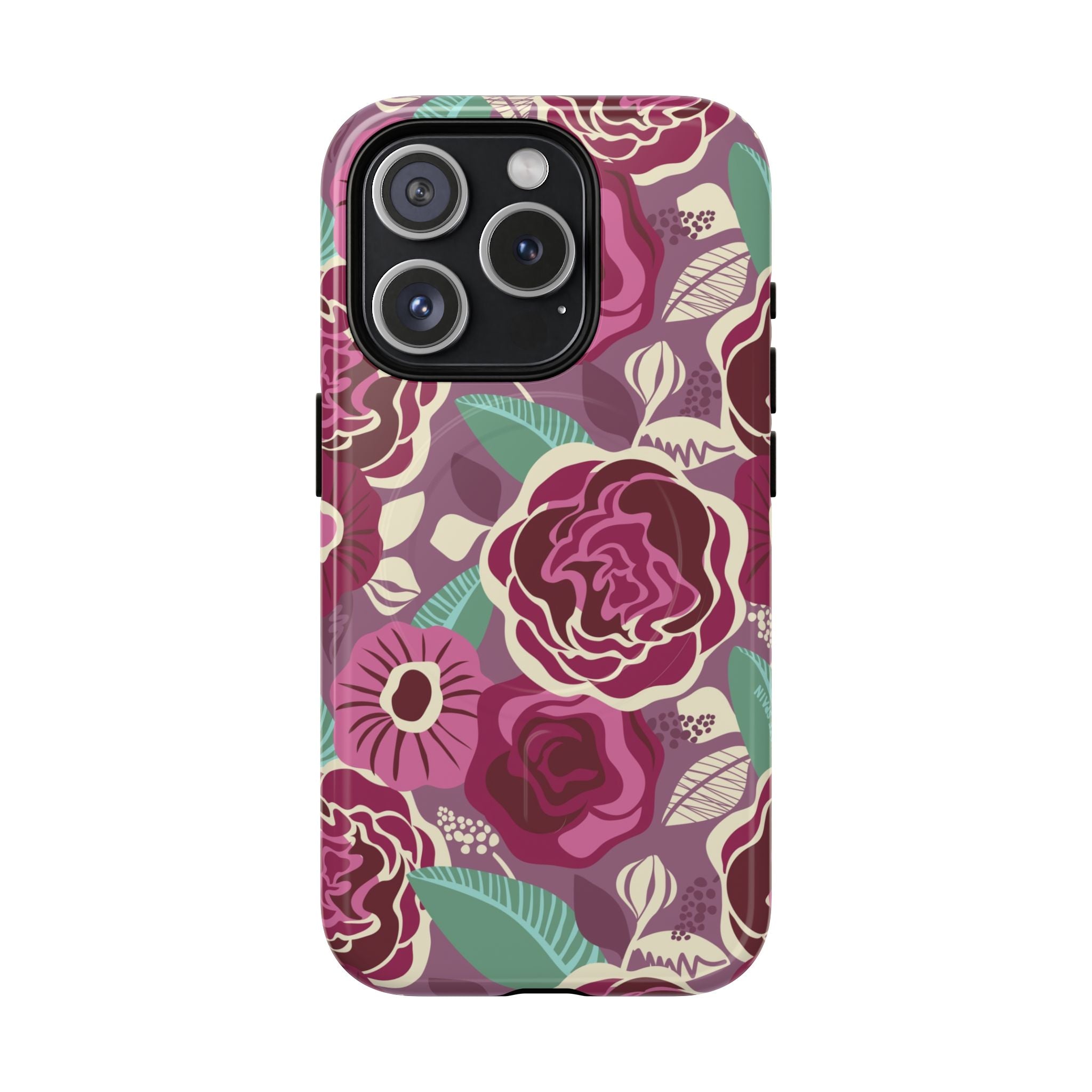 Luxury Tea Rose Burgundy MagSafe iPhone 15 Pro Case – Glossy | burgundy, magenta, plum botanical rose floral print