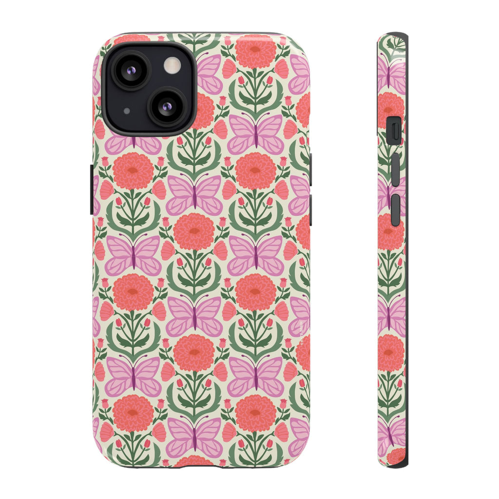 Pink Butterfly Tough iPhone 13 Case – Matte | pink, coral, green, cream butterfly floral print