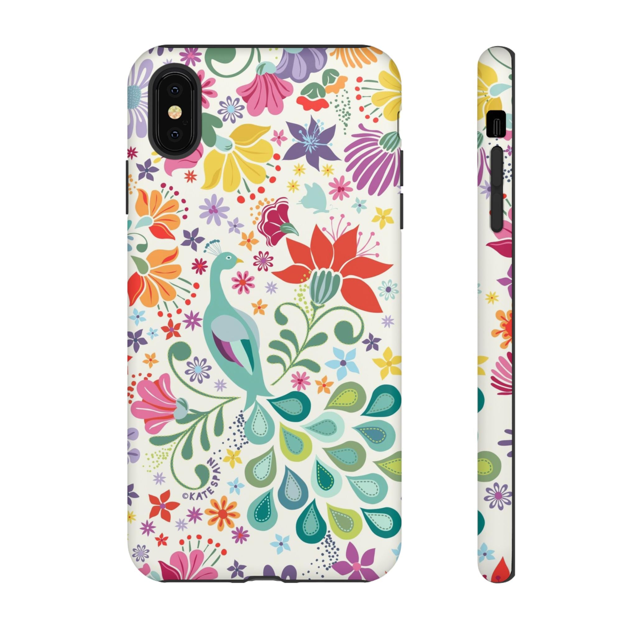 Peacock Sanctuary Tough iPhone XS Max Case – Matte | white, teal, coral multicolor vibrant peacock feather botanical print
