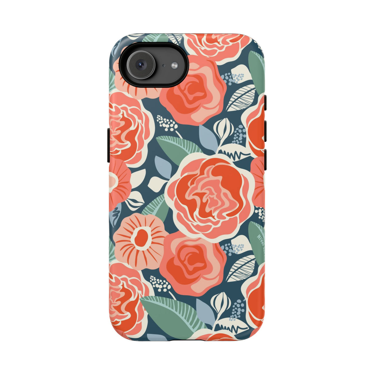 Tea Rose Navy Tough iPhone 17e Case – Matte | navy, coral, peach botanical rose floral print