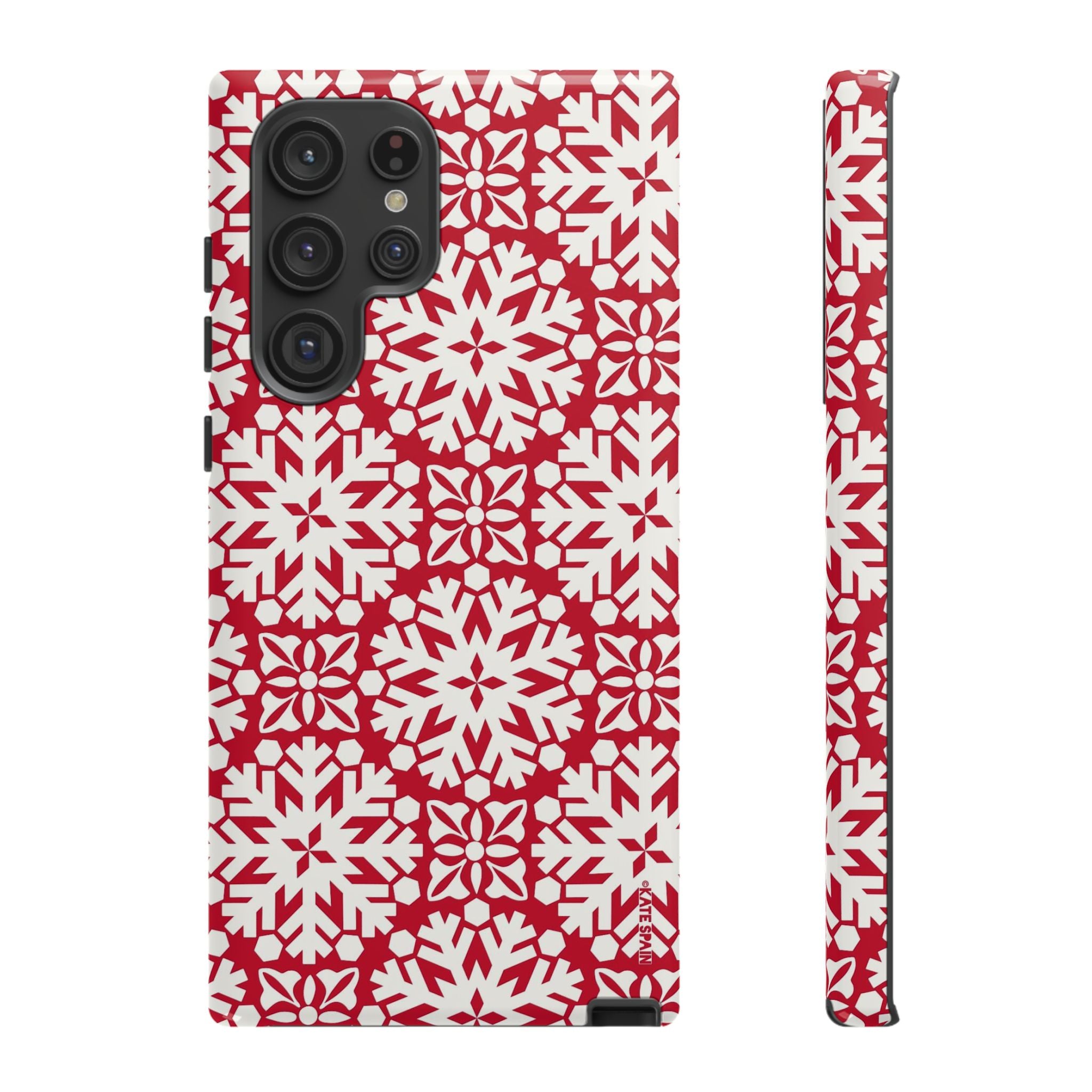 Flurry Samsung Galaxy S22 Ultra Case – Glossy | white, red geometric snowflake tile print