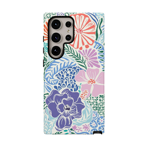 Luxury Tropica Samsung Galaxy S24 Ultra Case – Glossy | purple, coral, pink, blue botanical tropical floral print