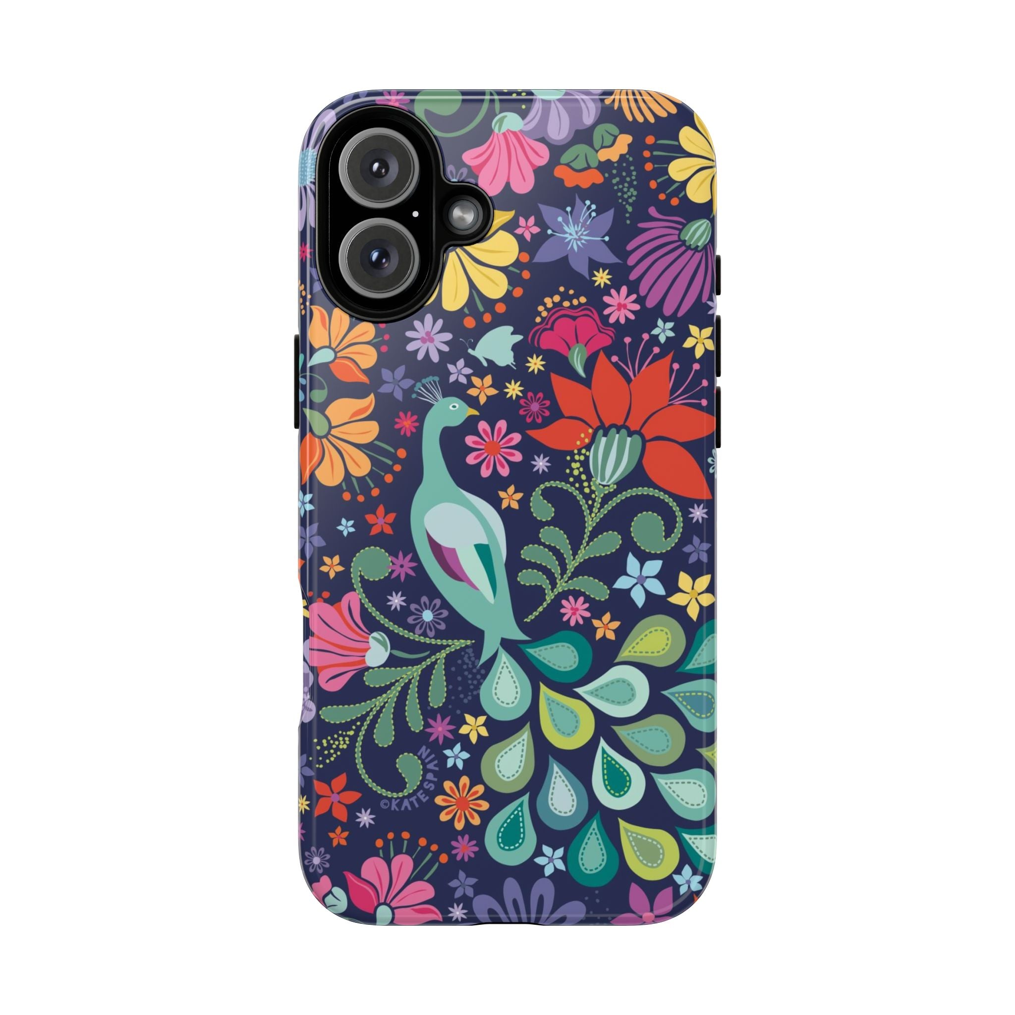 Peacock Sanctuary Tough iPhone 16 Plus Case – Glossy | navy, teal, coral multicolor vibrant peacock feather botanical print