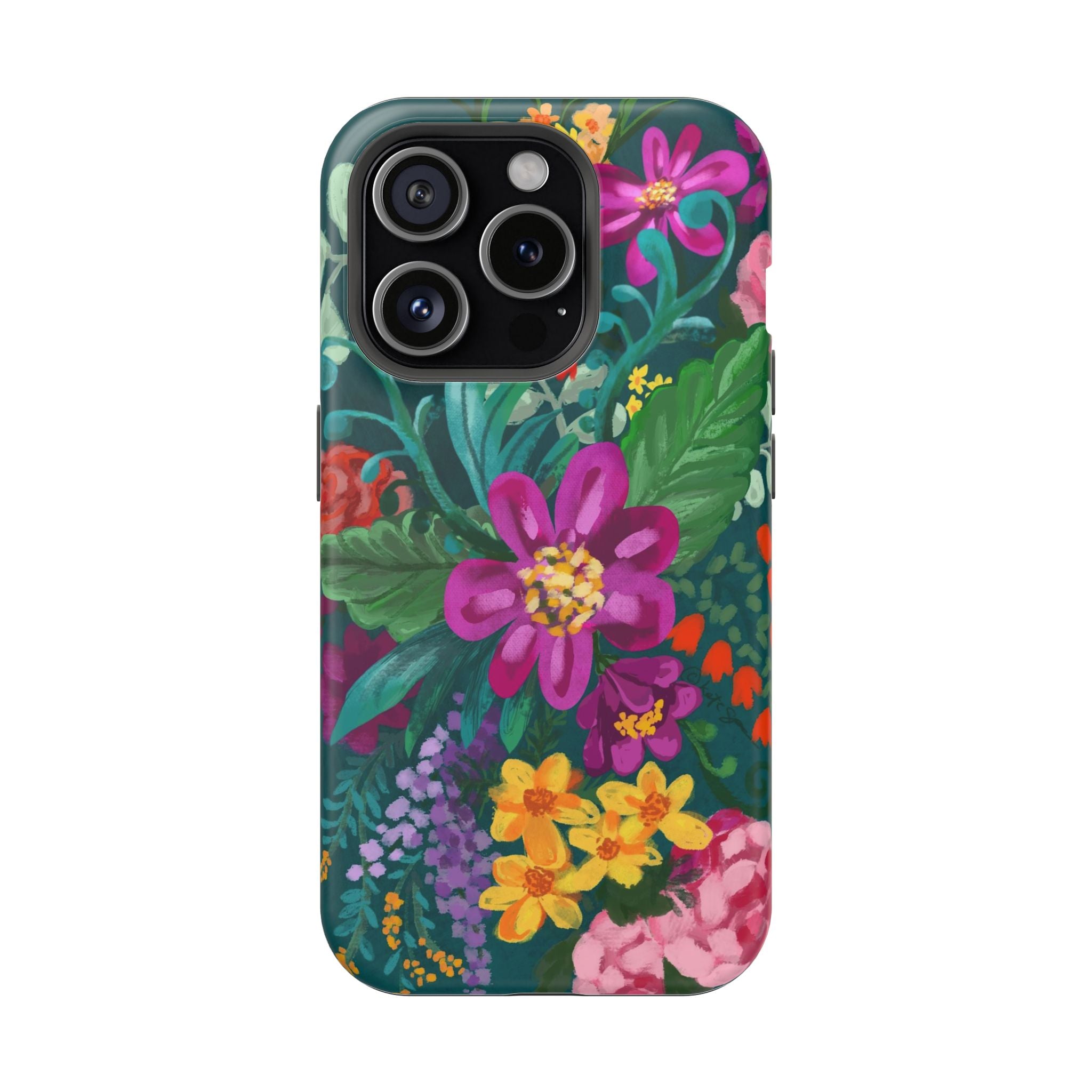 Posy MagSafe iPhone 15 Pro Case – Matte | teal, magenta, yellow, pink vibrant botanical floral print
