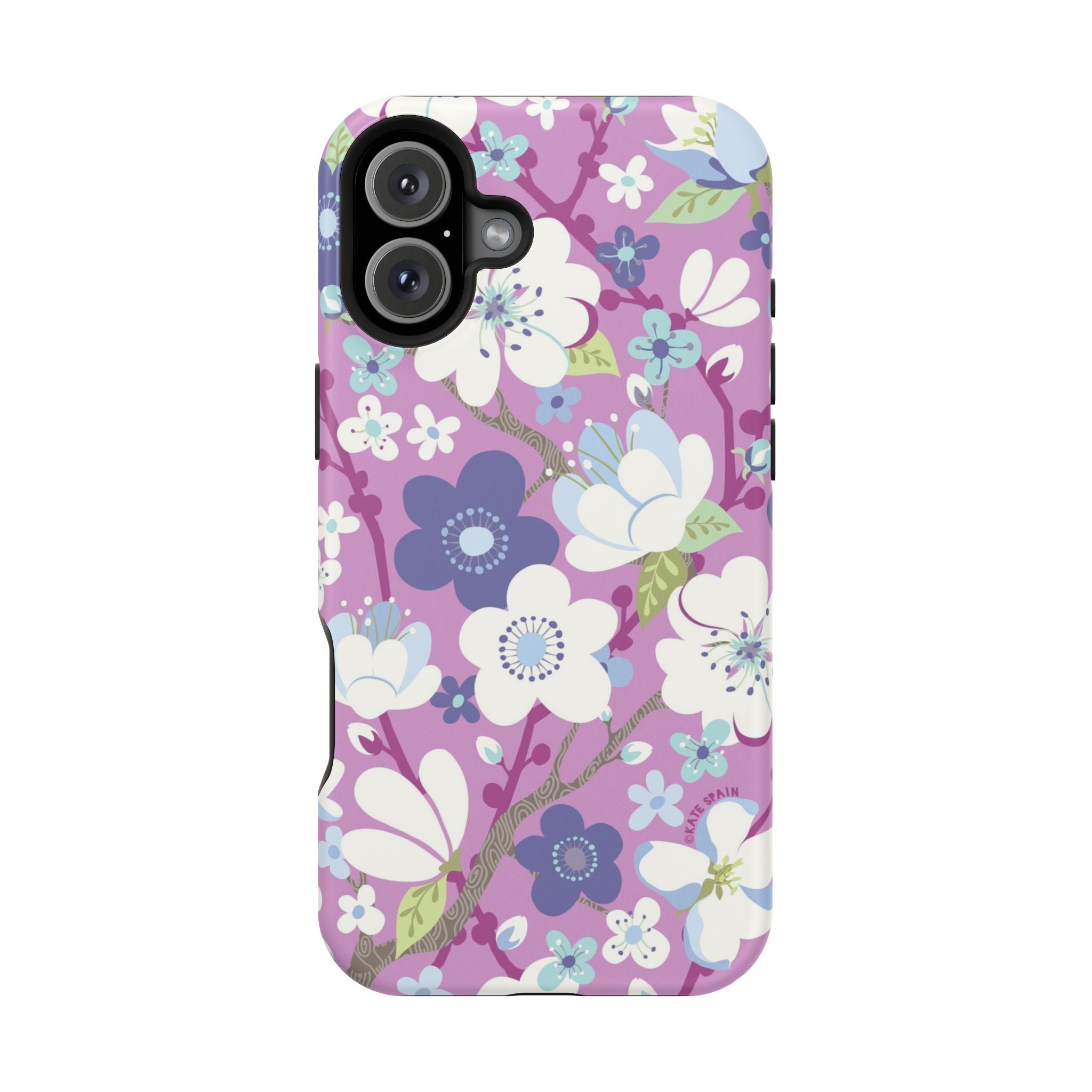 Luxury Cherry Blossom MagSafe iPhone 16 Plus Case – Matte | mauve, purple, blue, white cherry blossom print