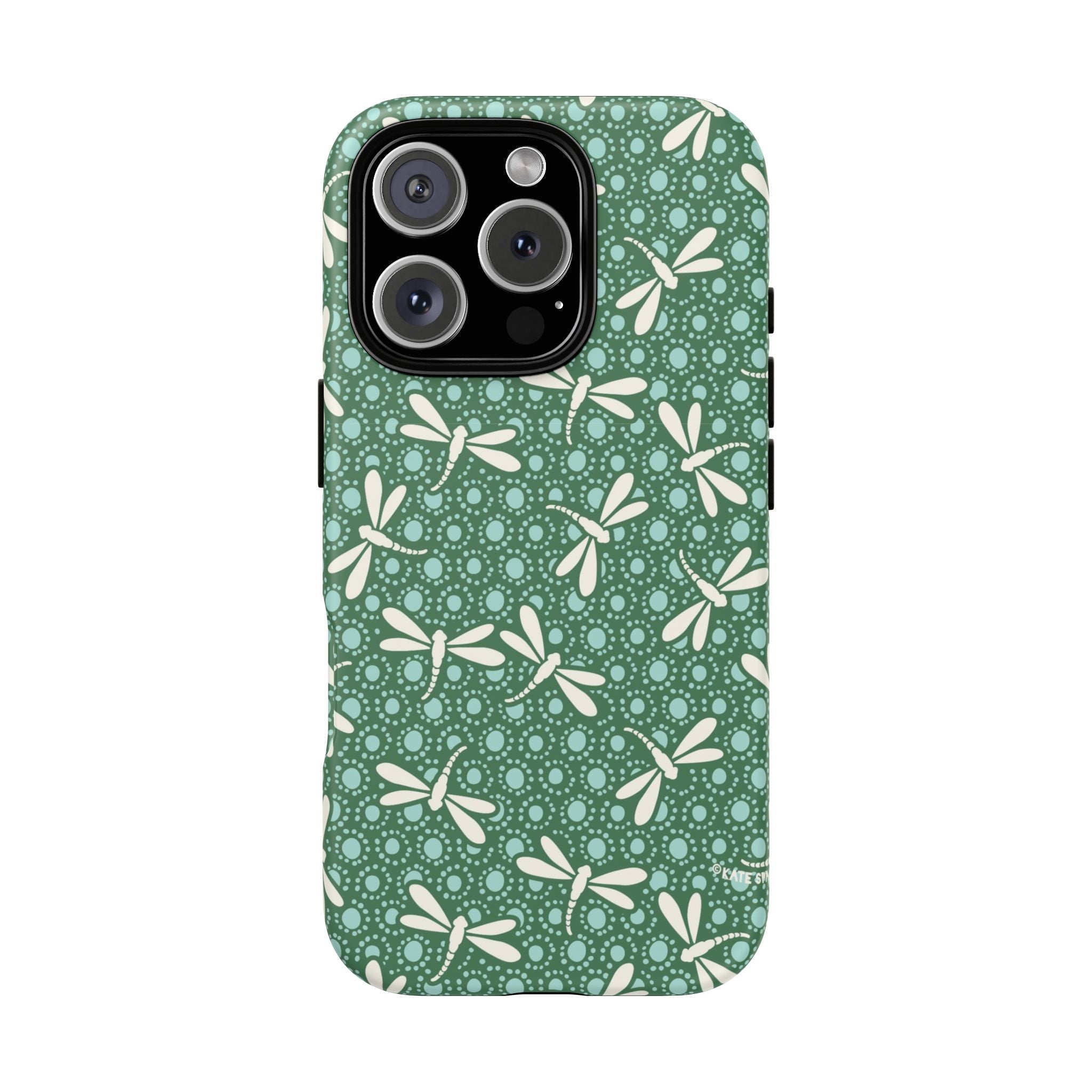 Designer Dragonfly Tough iPhone 16 Pro Case – Matte | jade green, aqua, cream dragonfly print