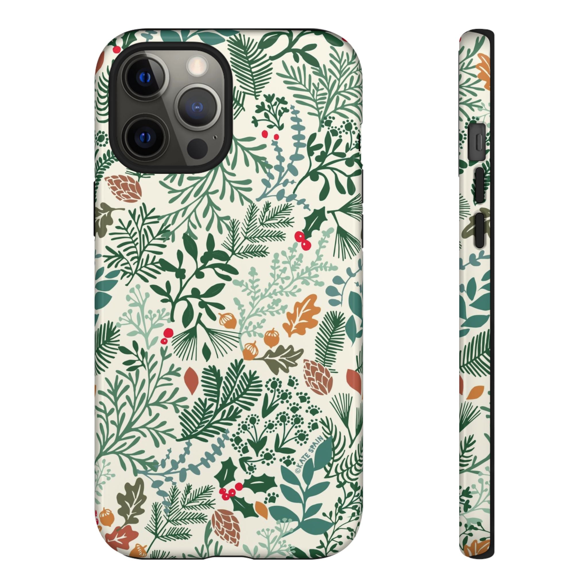 Juniper Tough iPhone 12 Pro Max Case – Glossy | cream, green, red botanical woodland print