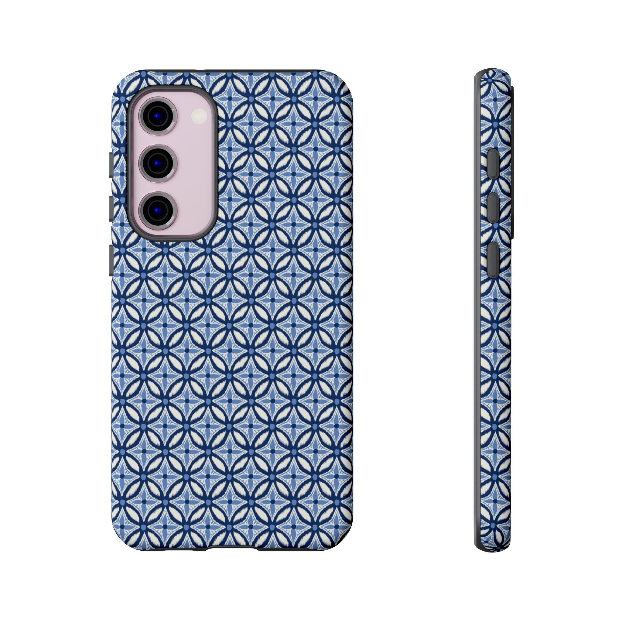Light blue Samsung Galaxy case with navy and periwinkle ikat geometric pattern — botanical phone case by Kate Spain for Floriori
