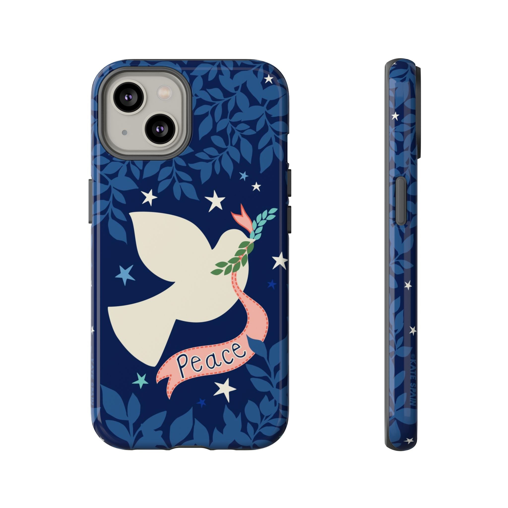 Peace Tough iPhone 14 Case – Glossy | navy, cream peace dove, stars, botanical print