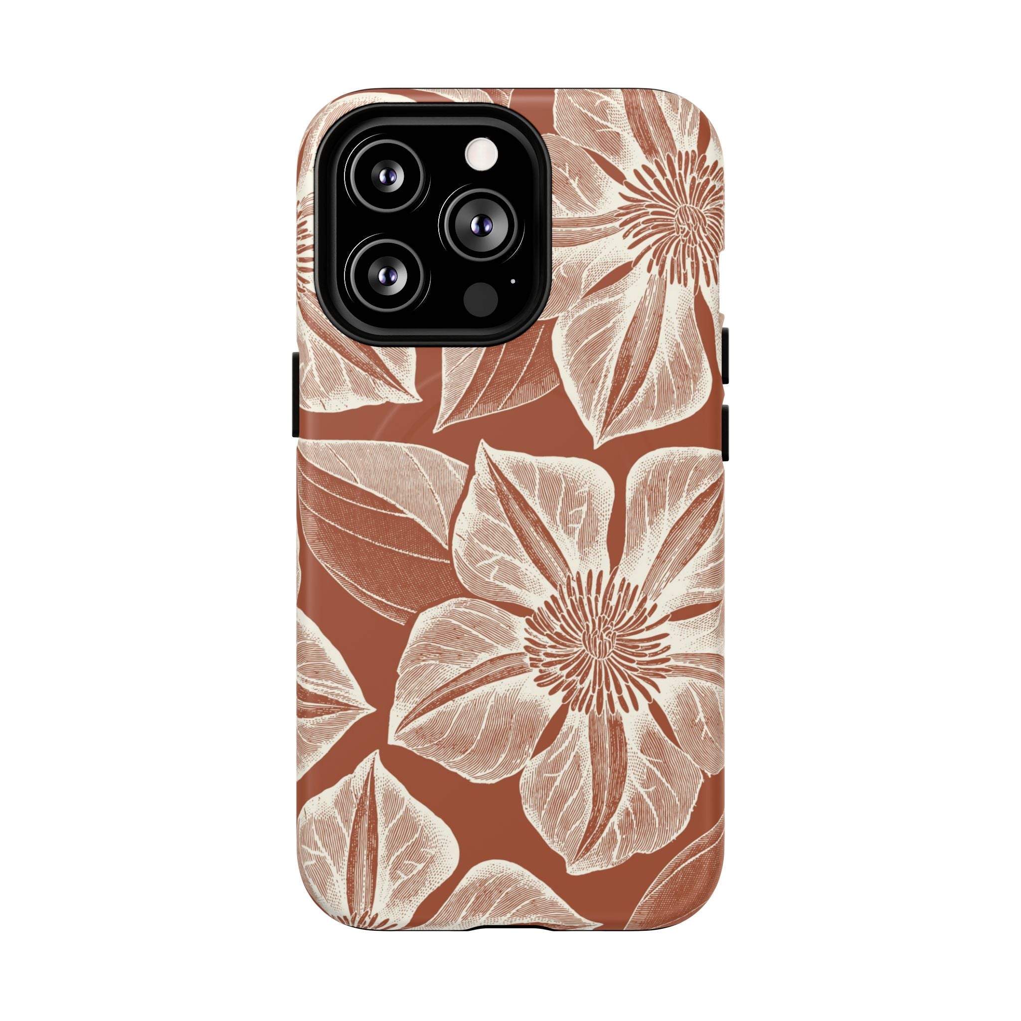 Vintage Bloom Sienna MagSafe iPhone 13 Pro – Matte | sienna ground, large-scale cream clematis print, engraved petal detail, dual-layer protection