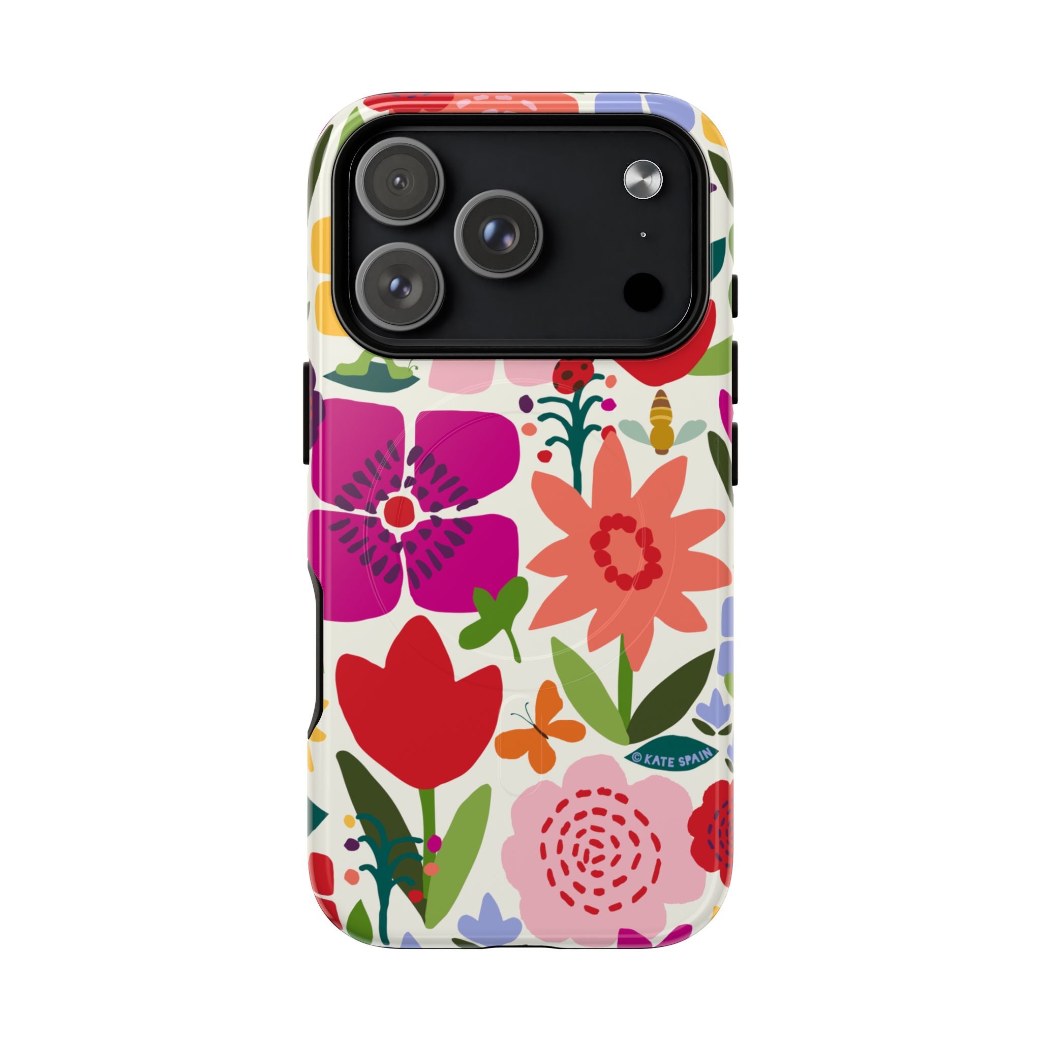 Happy Blooms MagSafe iPhone 17 Pro Case – Glossy | cream, red, magenta, coral botanical floral print